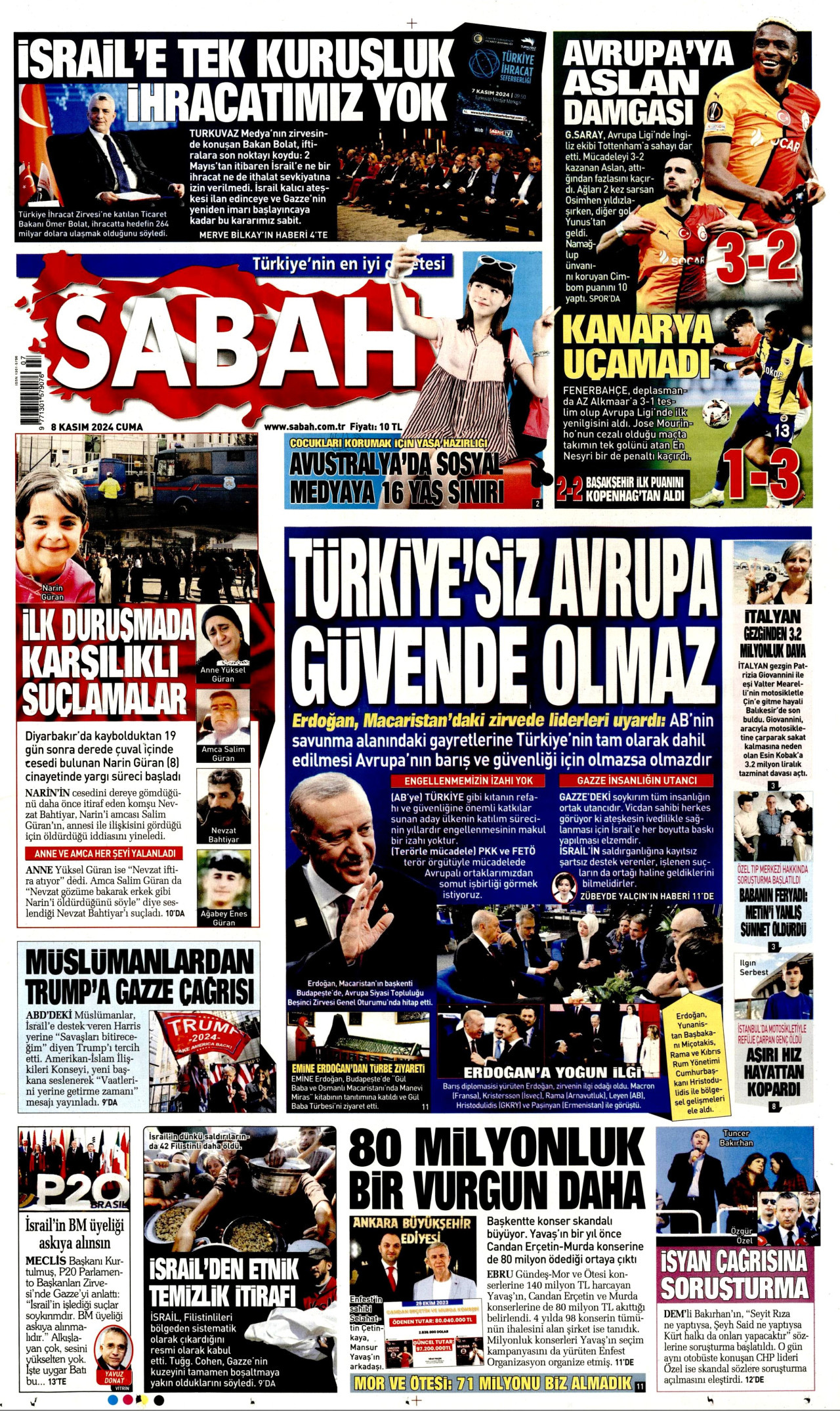 SABAH gazetesinin 8 Kasım 2024 tarihli birinci sayfası