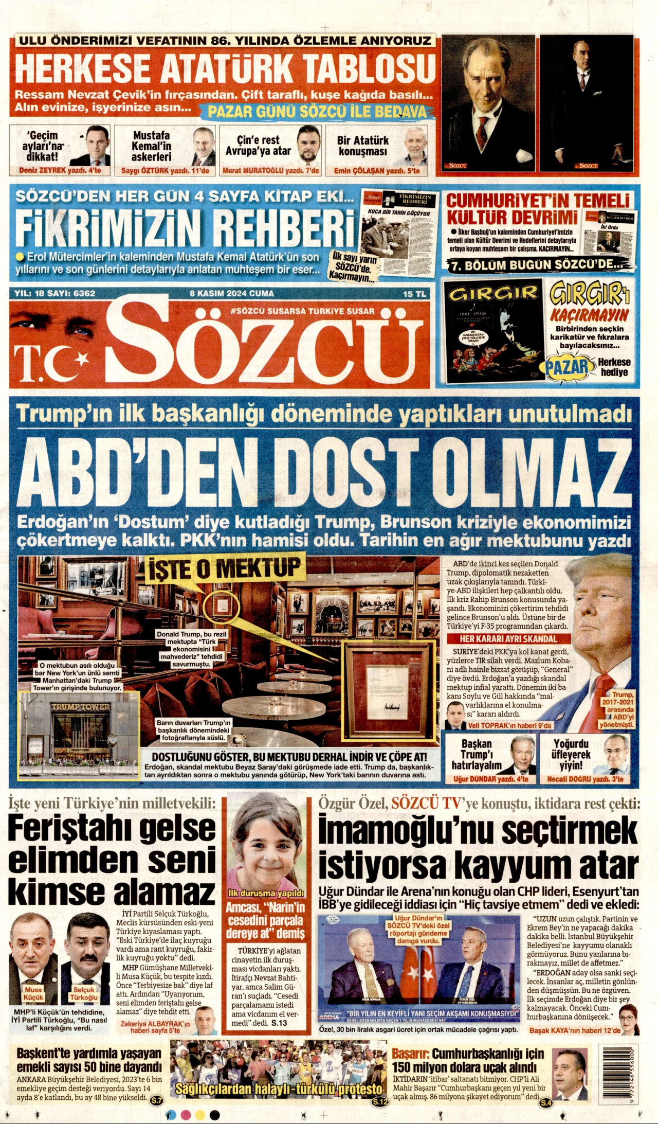 SÖZCÜ gazetesinin 8 Kasım 2024 tarihli birinci sayfası