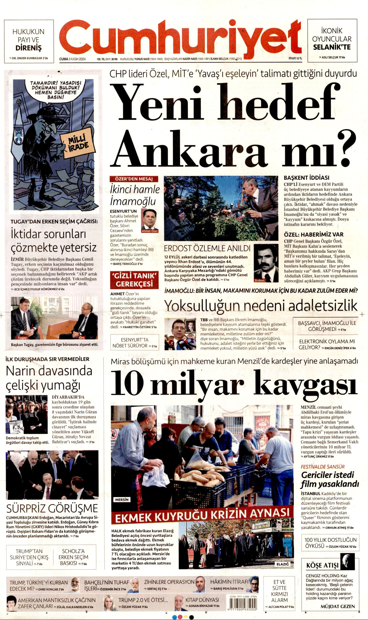 CUMHURİYET gazetesinin 8 Kasım 2024 tarihli birinci sayfası