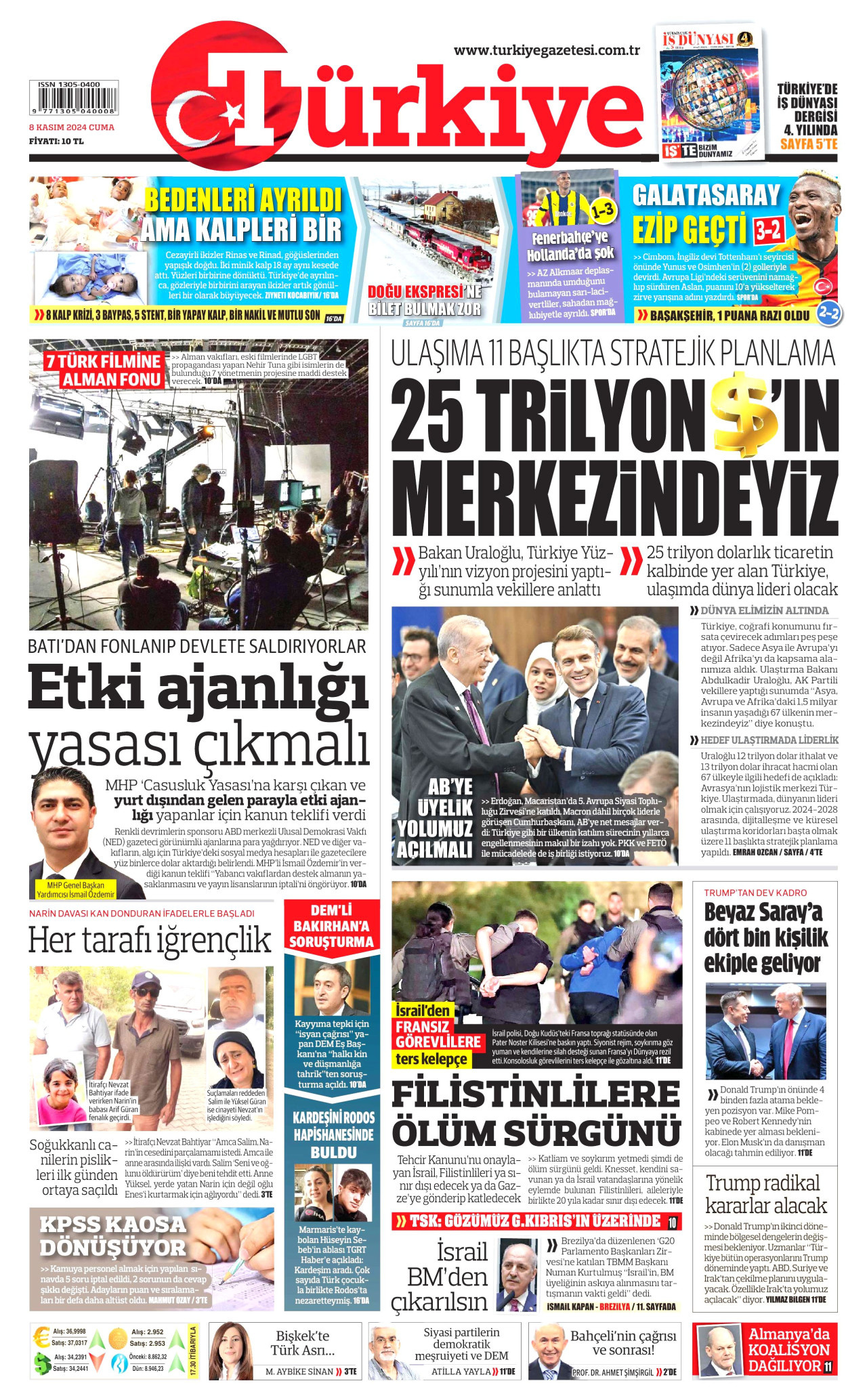 TÜRKİYE GAZETESİ gazetesinin 8 Kasım 2024 tarihli birinci sayfası