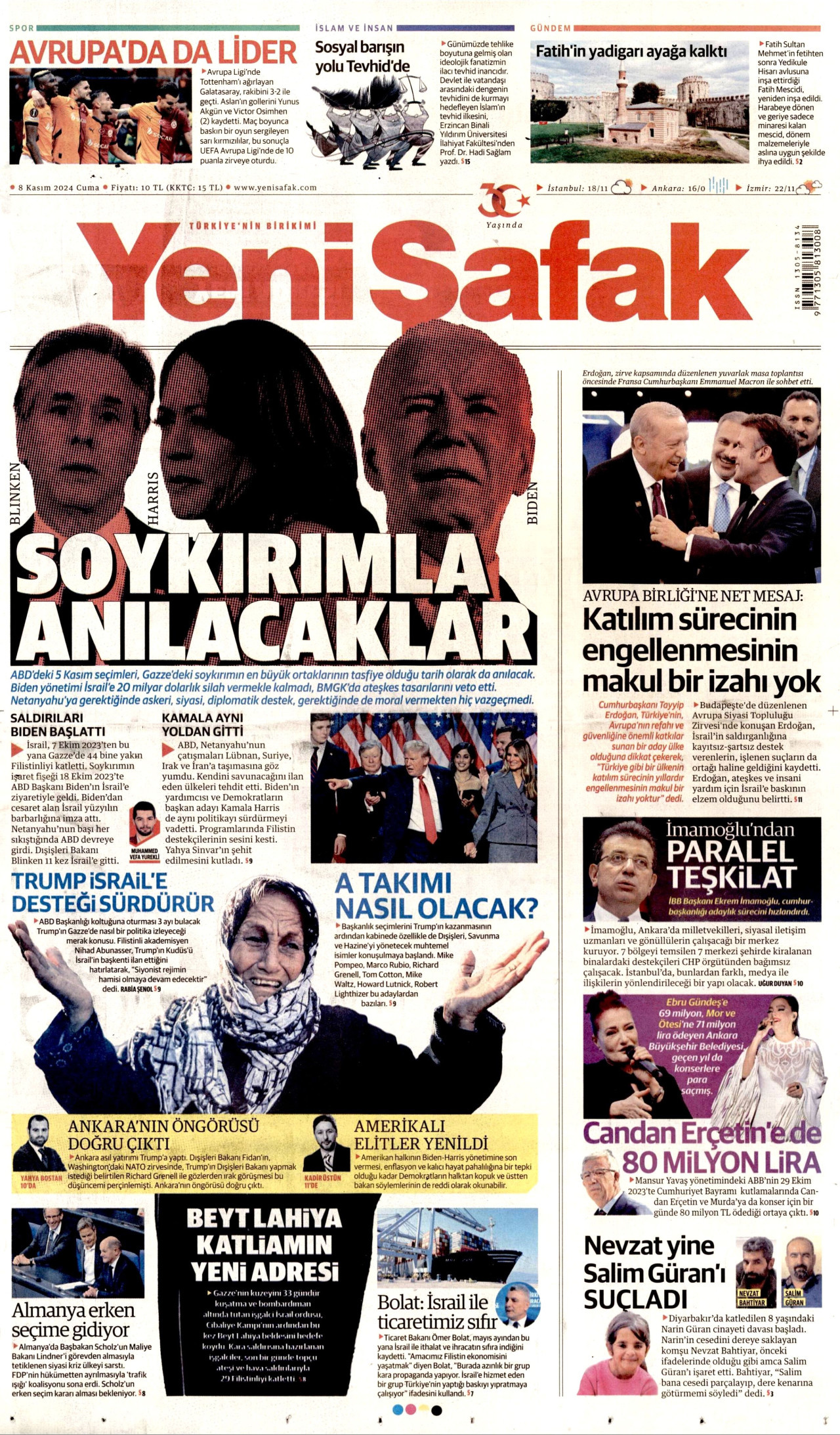 YENİ ŞAFAK gazetesinin 8 Kasım 2024 tarihli birinci sayfası