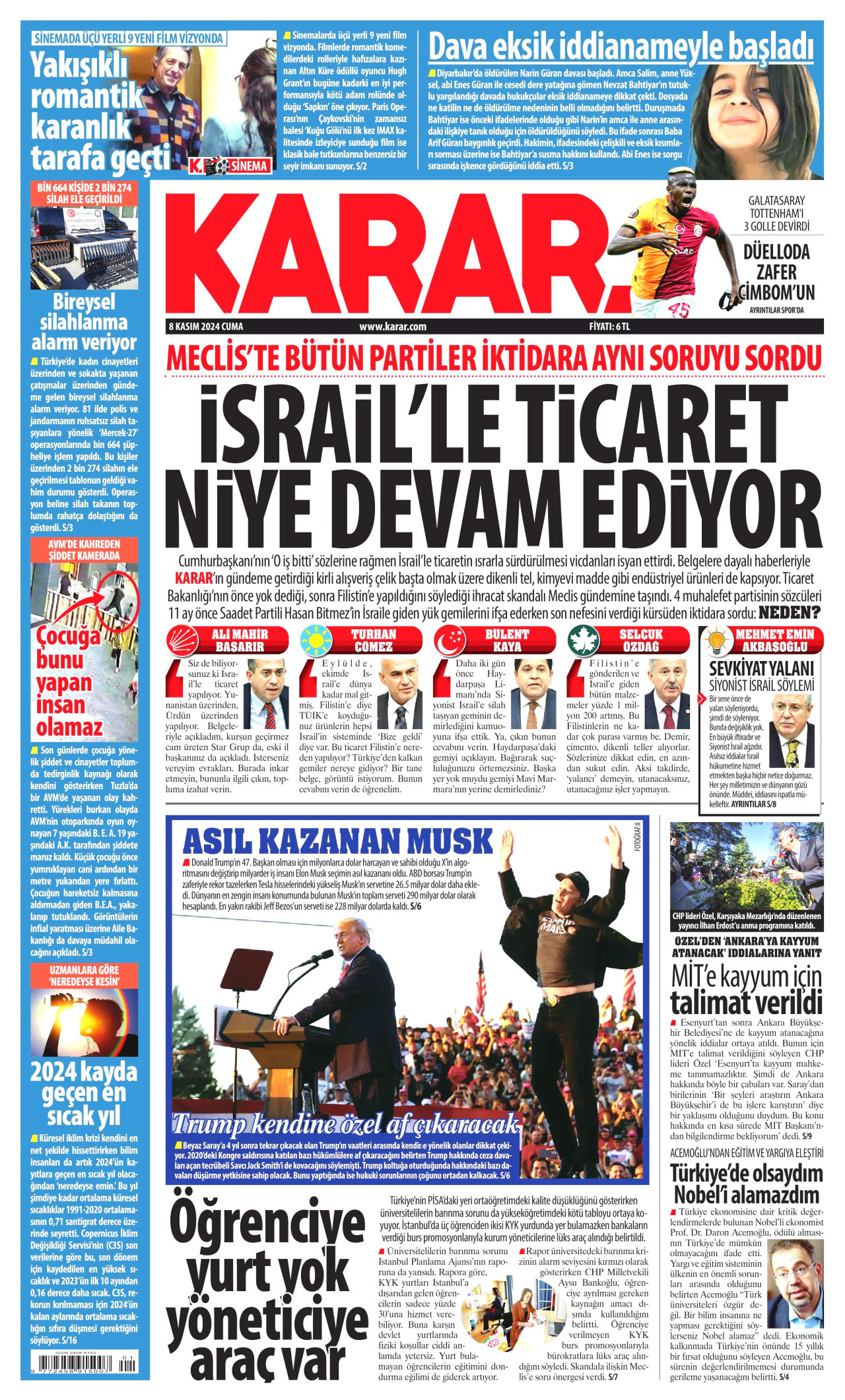 KARAR gazetesinin 8 Kasım 2024 tarihli birinci sayfası