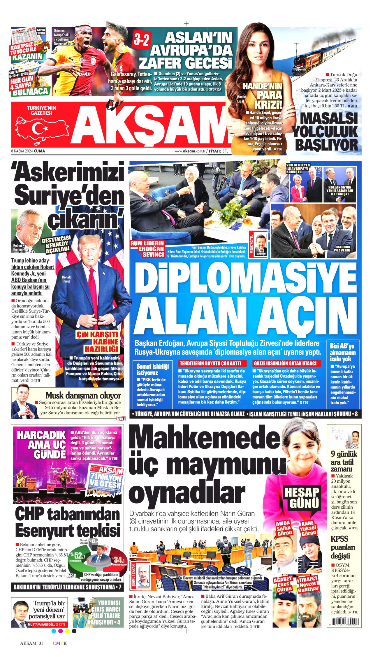 AKŞAM gazetesinin 8 Kasım 2024 tarihli birinci sayfası