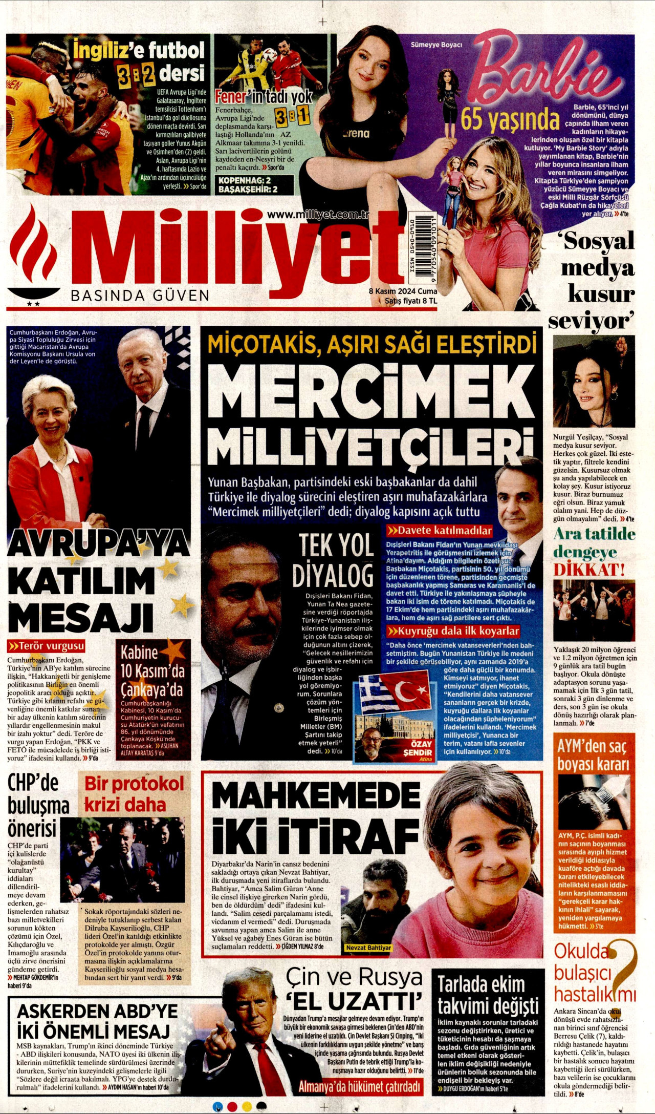 MİLLİYET gazetesinin 8 Kasım 2024 tarihli birinci sayfası