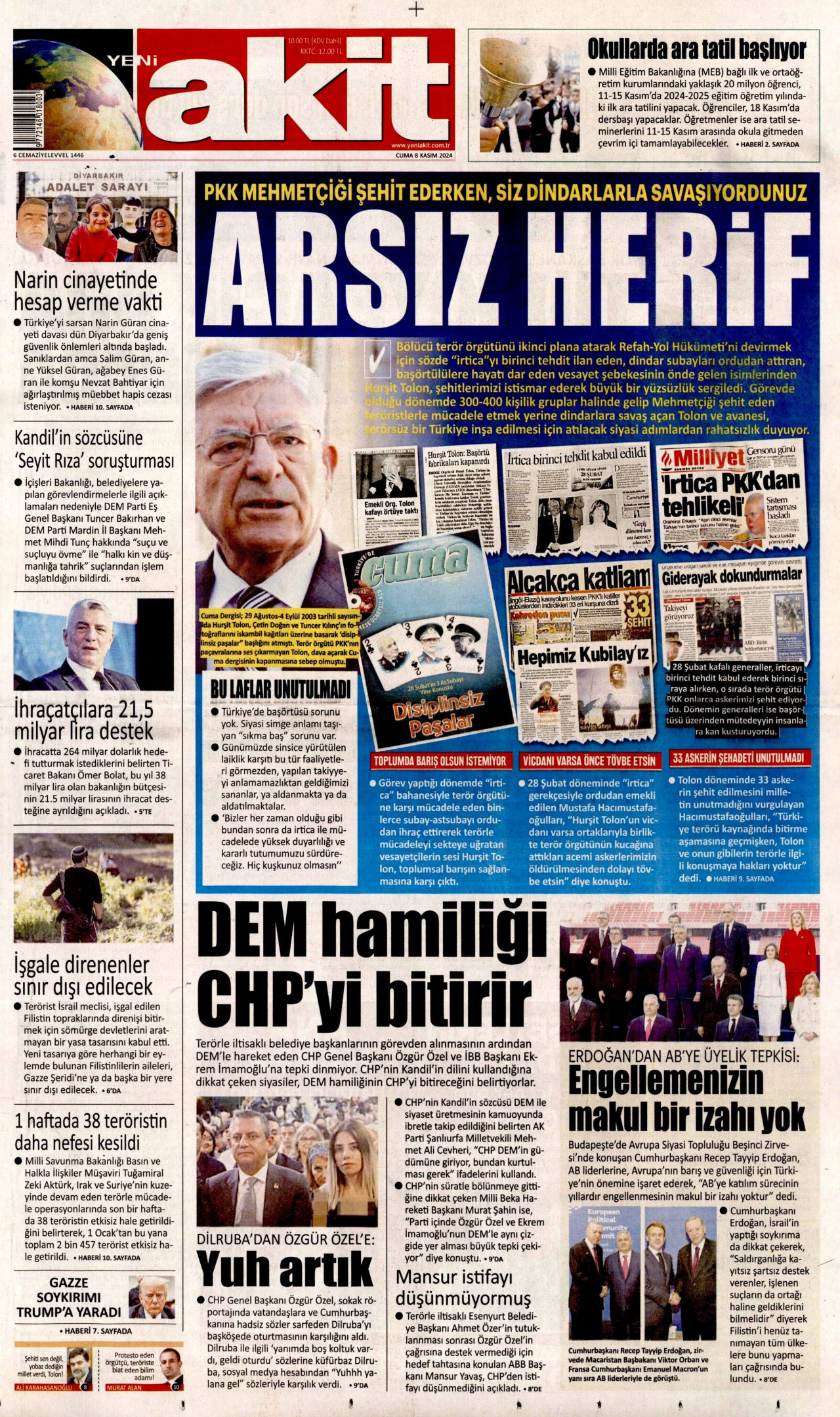 YENİ AKİT gazetesinin 8 Kasım 2024 tarihli birinci sayfası