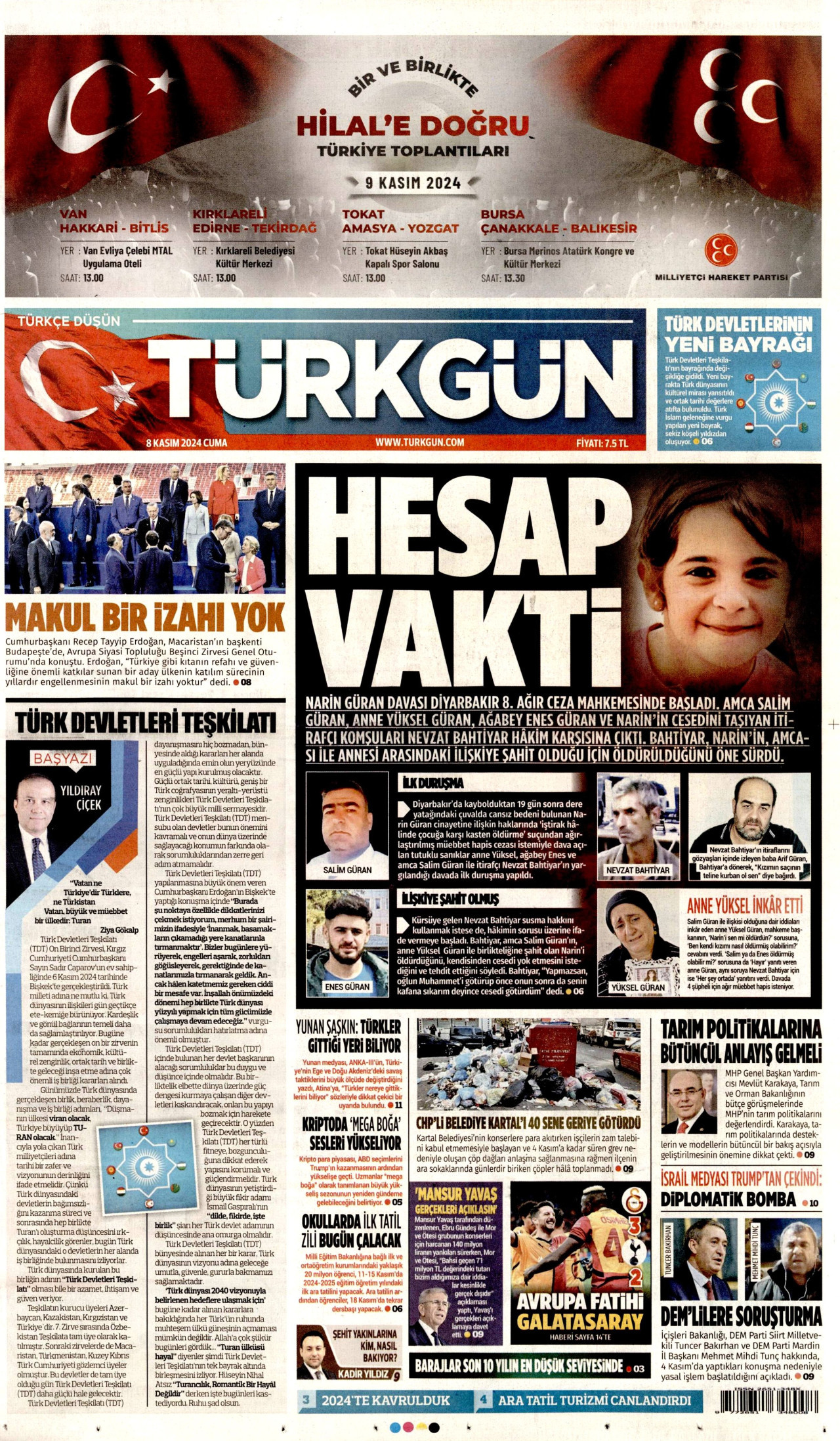 TÜRKGÜN gazetesinin 8 Kasım 2024 tarihli birinci sayfası