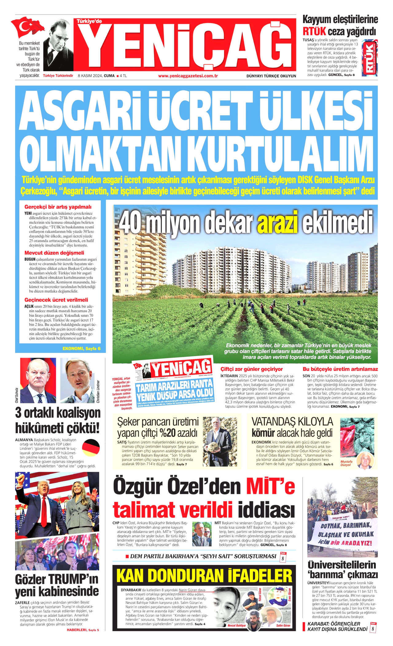 YENİÇAĞ gazetesinin 8 Kasım 2024 tarihli birinci sayfası