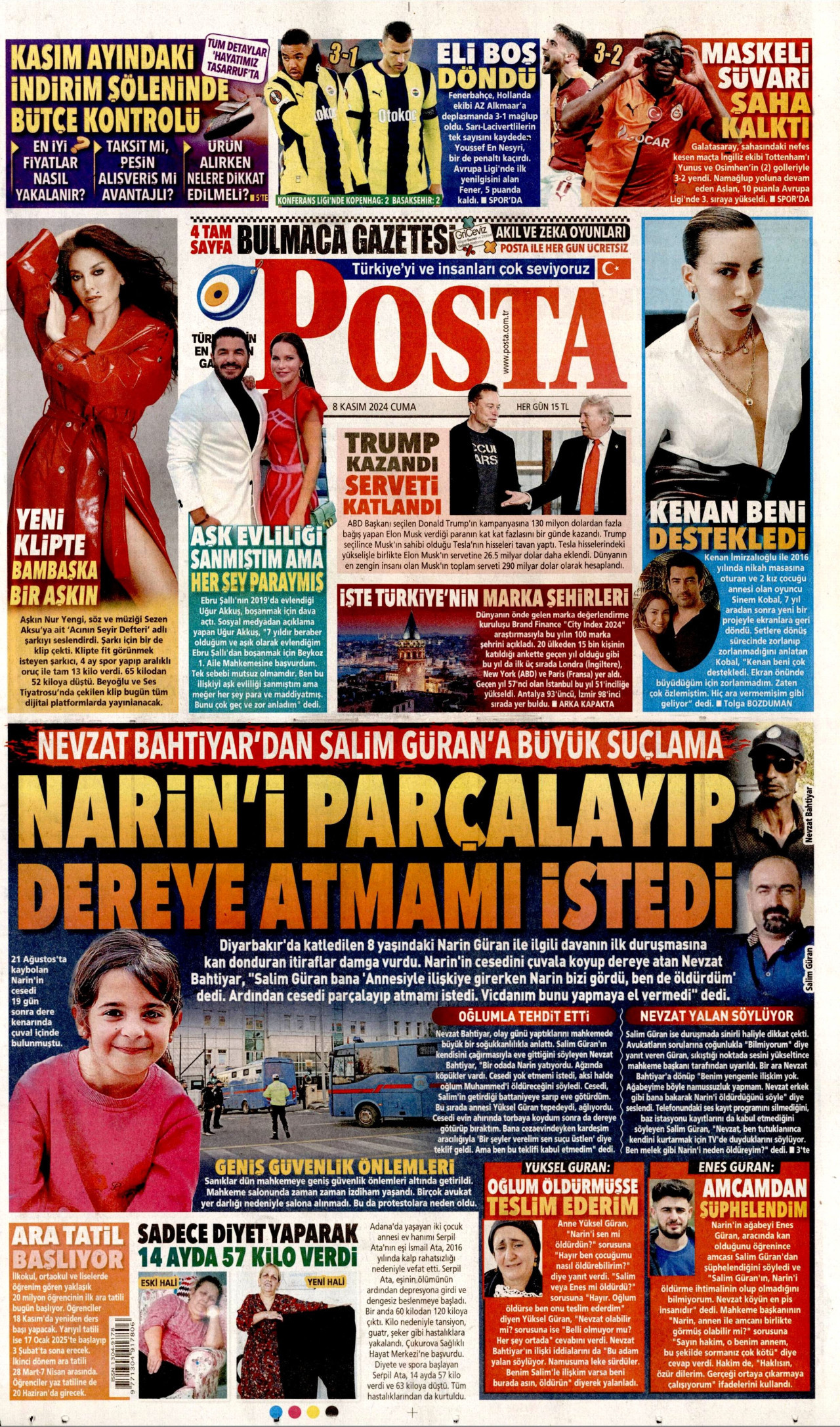 POSTA gazetesinin 8 Kasım 2024 tarihli birinci sayfası