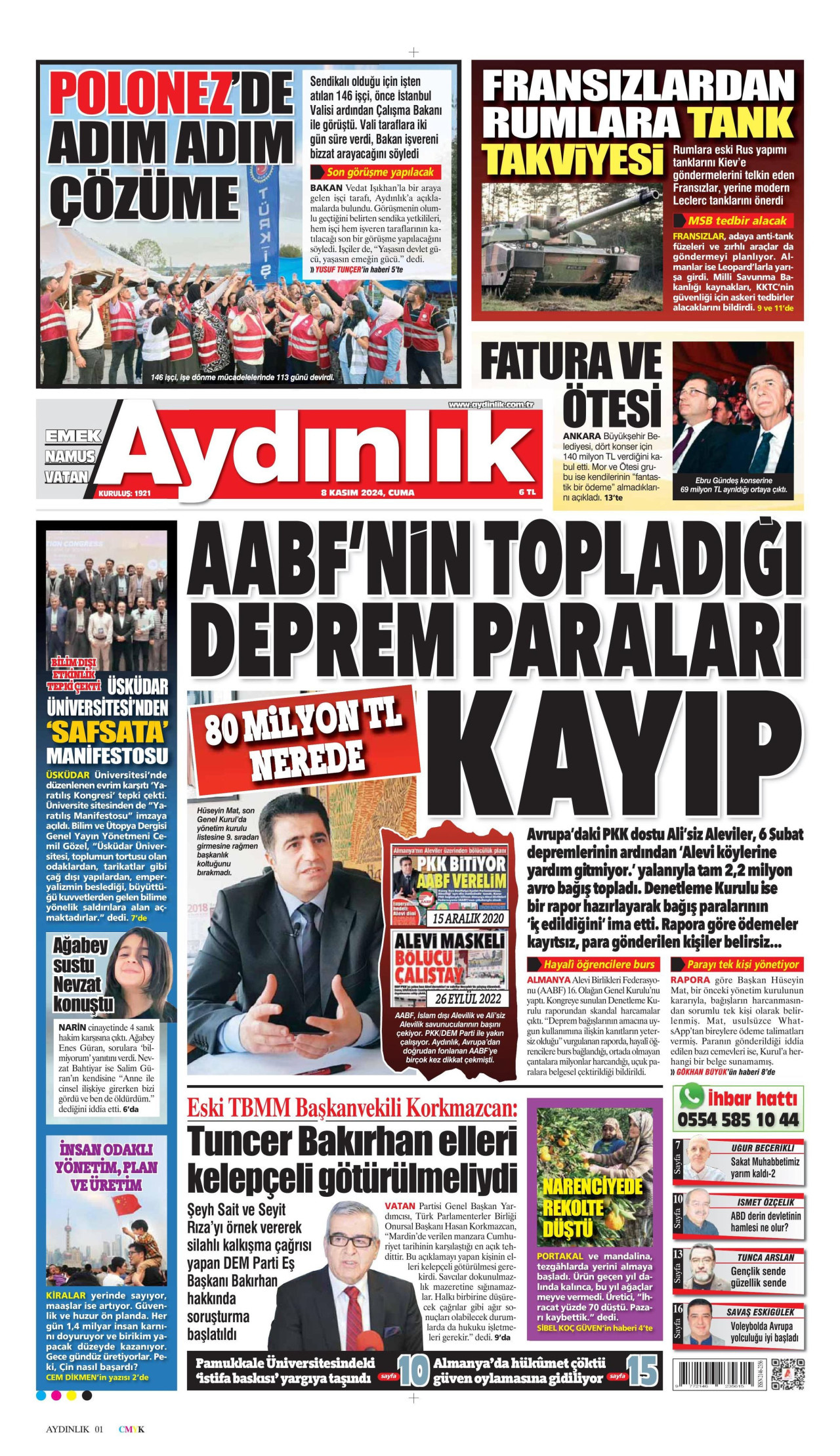 AYDINLIK GAZETESİ gazetesinin 8 Kasım 2024 tarihli birinci sayfası