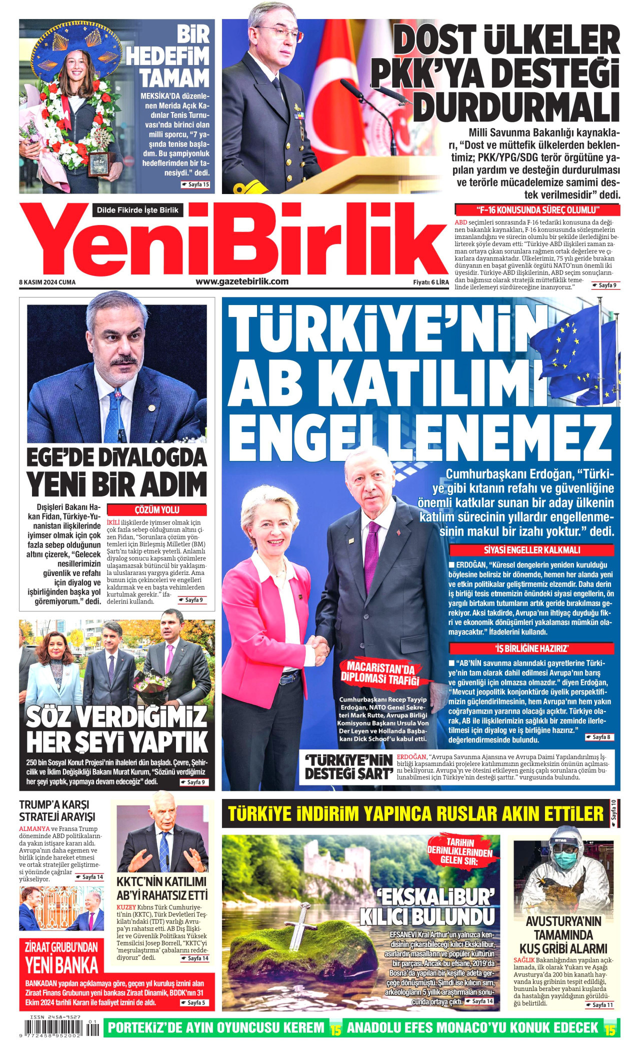 YENİBİRLİK gazetesinin 8 Kasım 2024 tarihli birinci sayfası