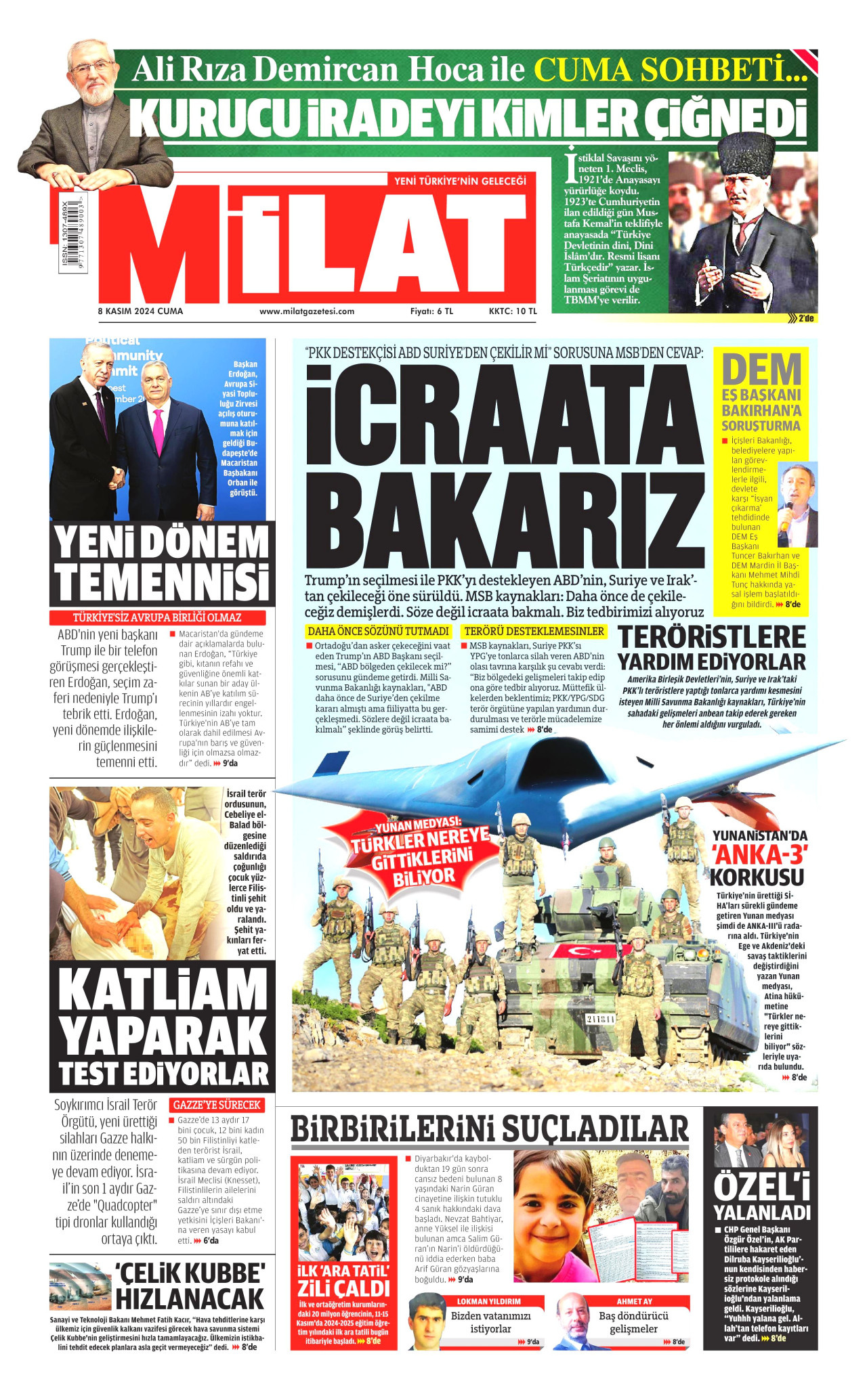 MİLAT gazetesinin 8 Kasım 2024 tarihli birinci sayfası