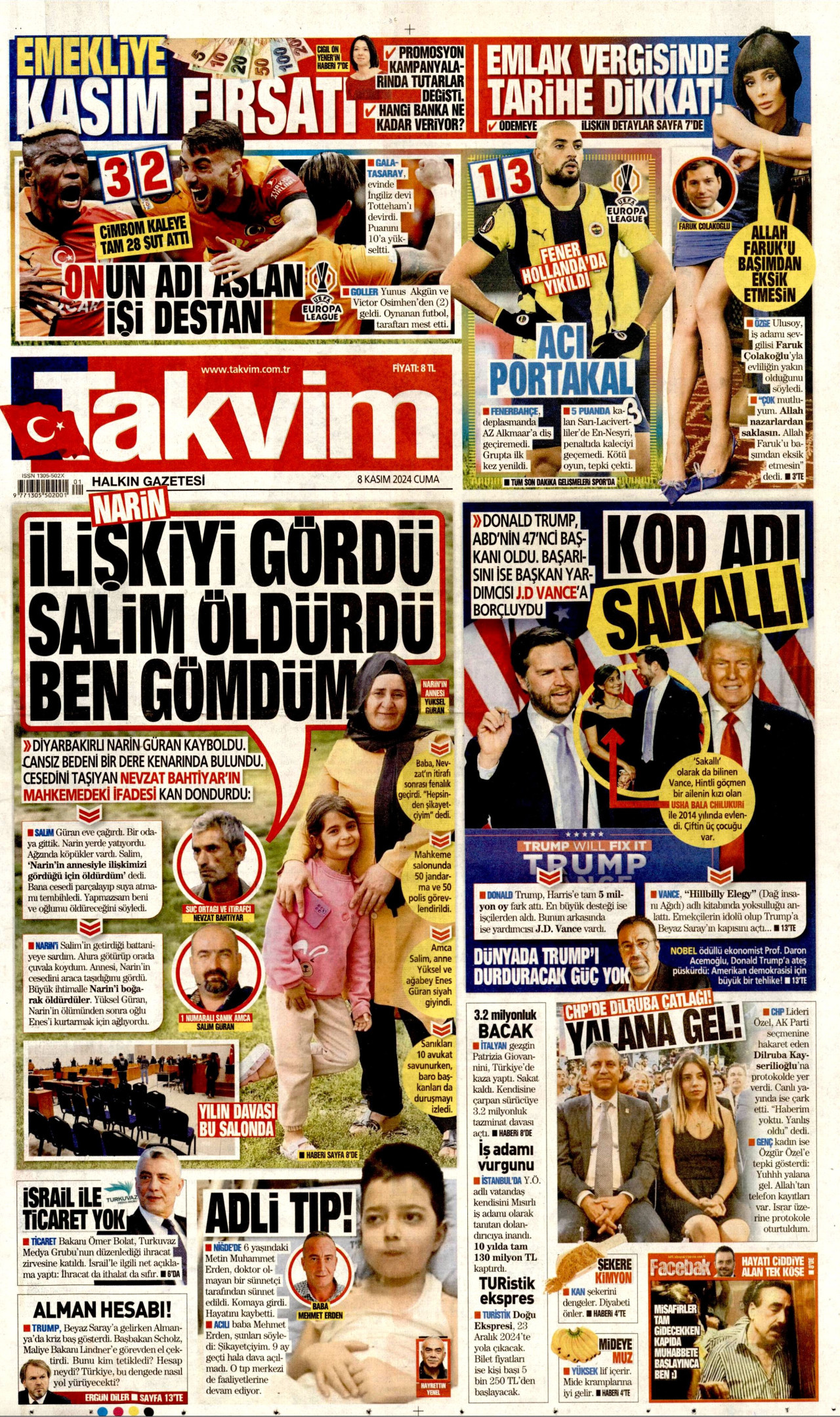 TAKVİM gazetesinin 8 Kasım 2024 tarihli birinci sayfası