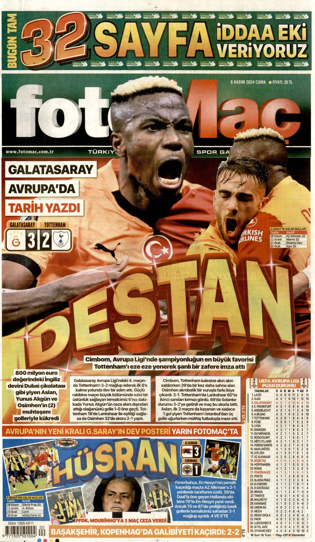 FOTOMAÇ gazetesinin 8 Kasım 2024 tarihli birinci sayfası