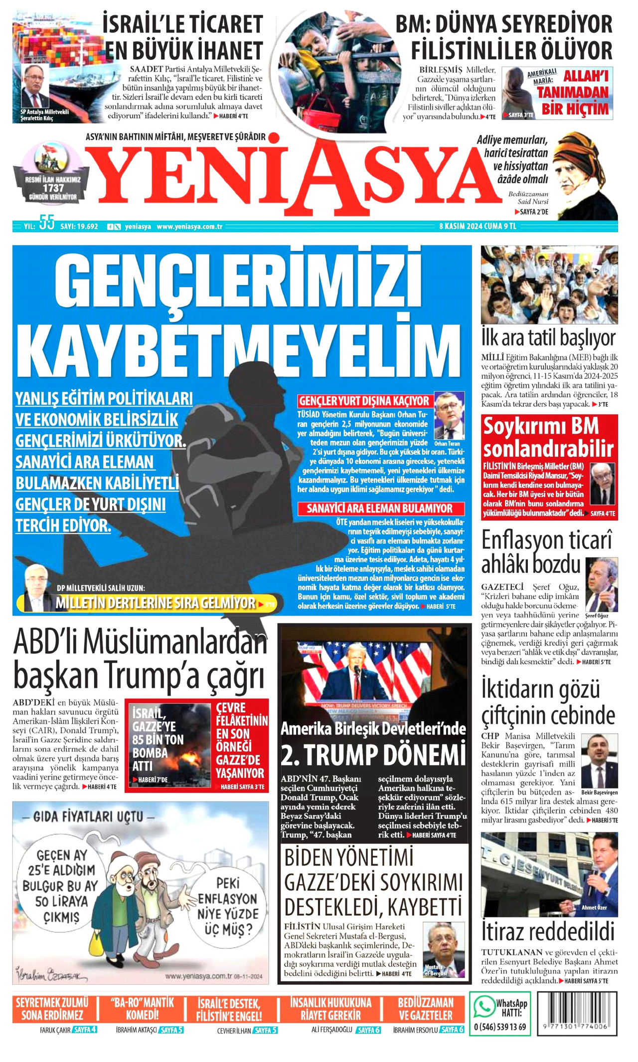 YENİ ASYA gazetesinin 8 Kasım 2024 tarihli birinci sayfası