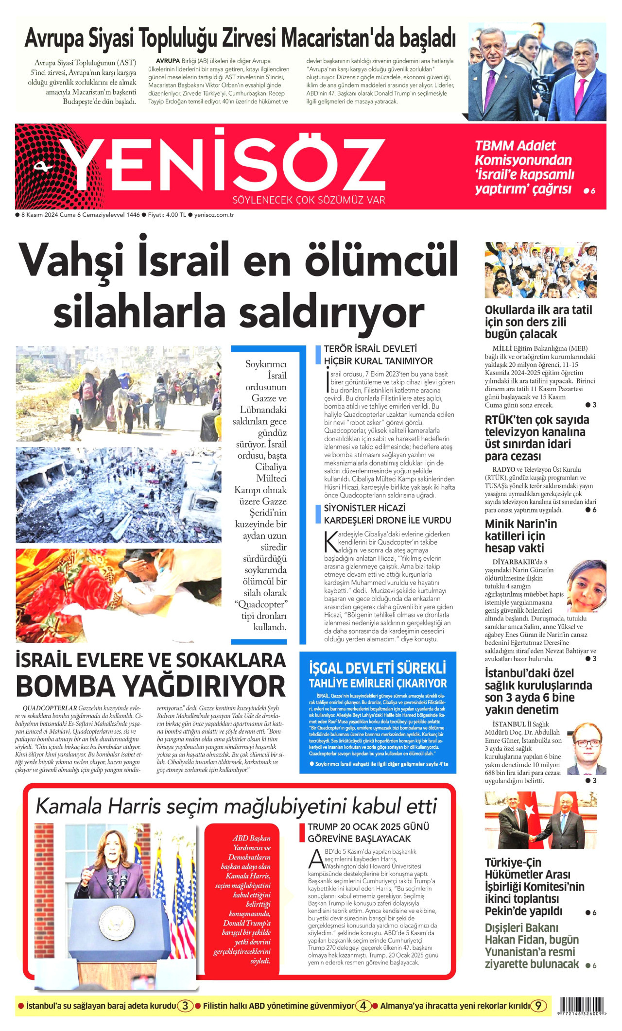 YENİ SÖZ GAZETESİ gazetesinin 8 Kasım 2024 tarihli birinci sayfası