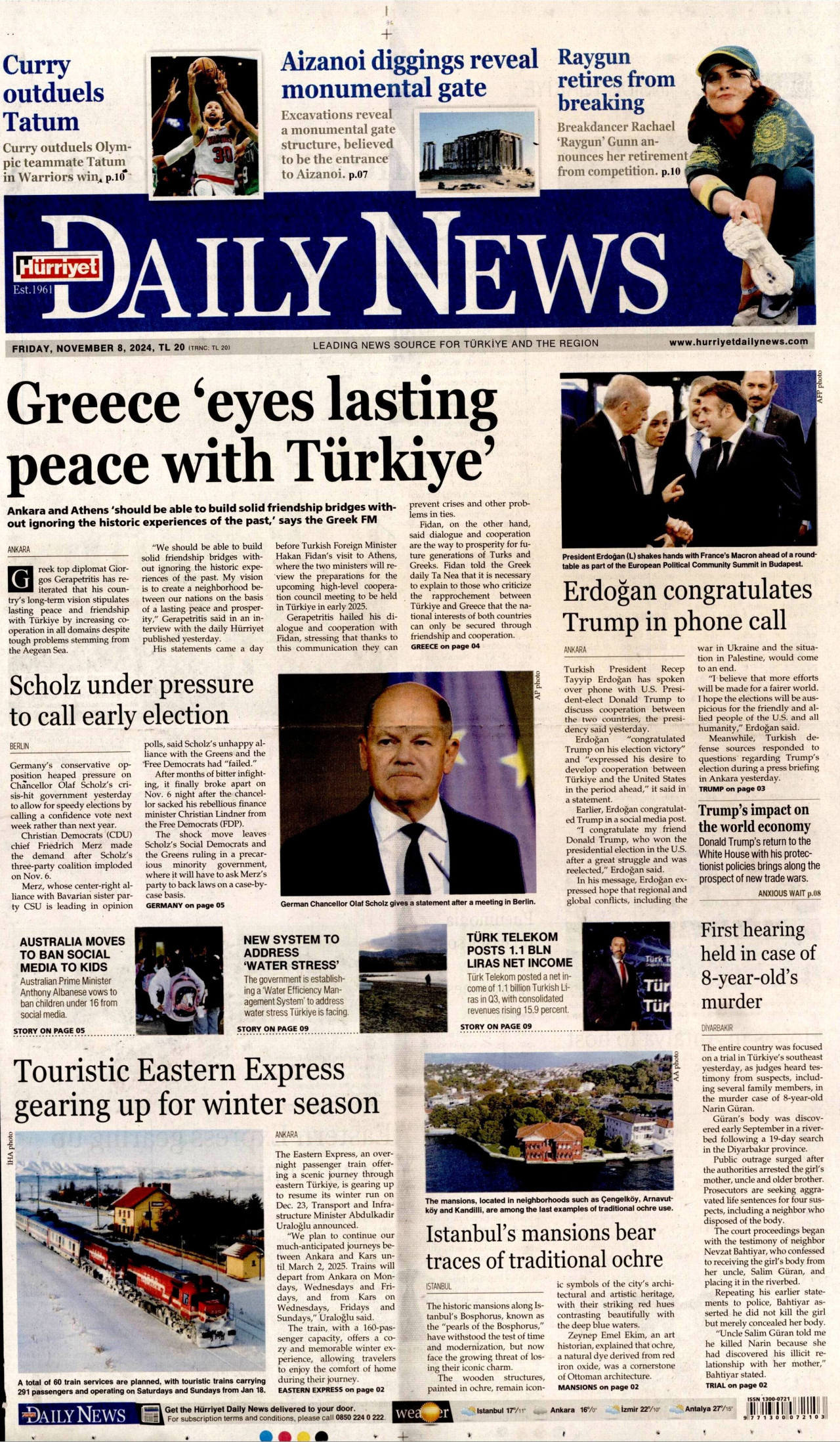 HÜRRİYET DAİLY NEWS gazetesinin 8 Kasım 2024 tarihli birinci sayfası