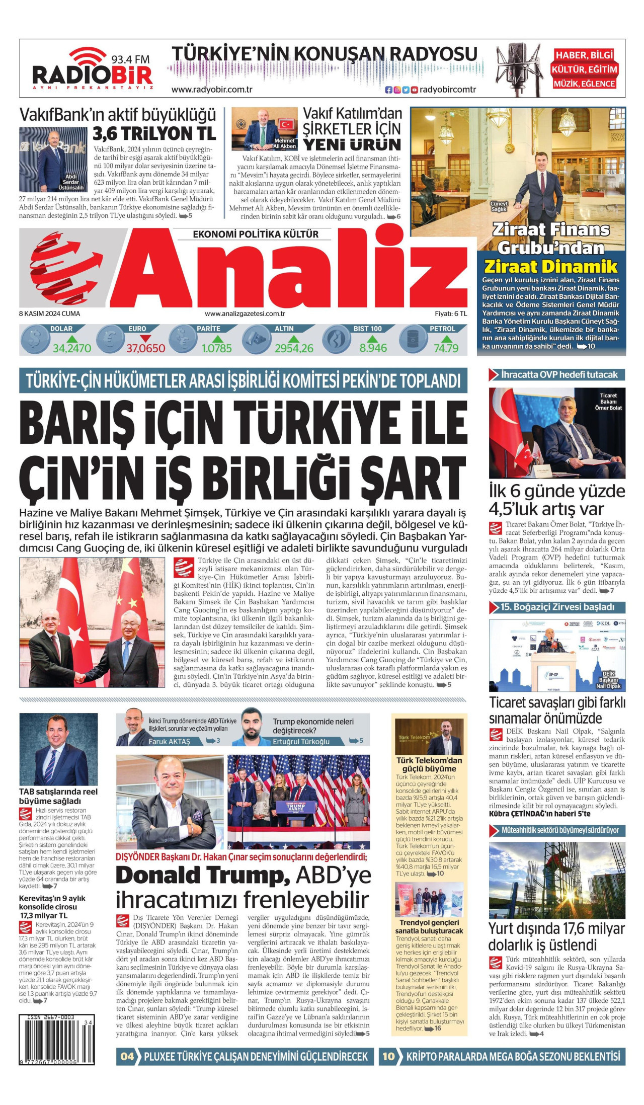 ANALİZ gazetesinin 8 Kasım 2024 tarihli birinci sayfası