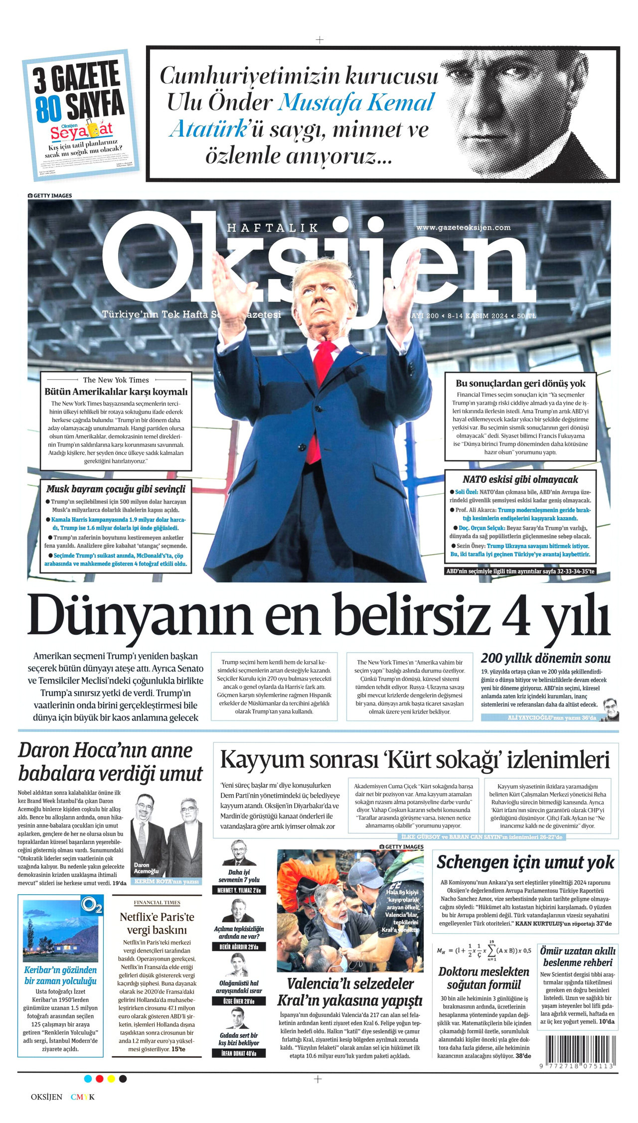 OKSİJEN gazetesinin 8 Kasım 2024 tarihli birinci sayfası