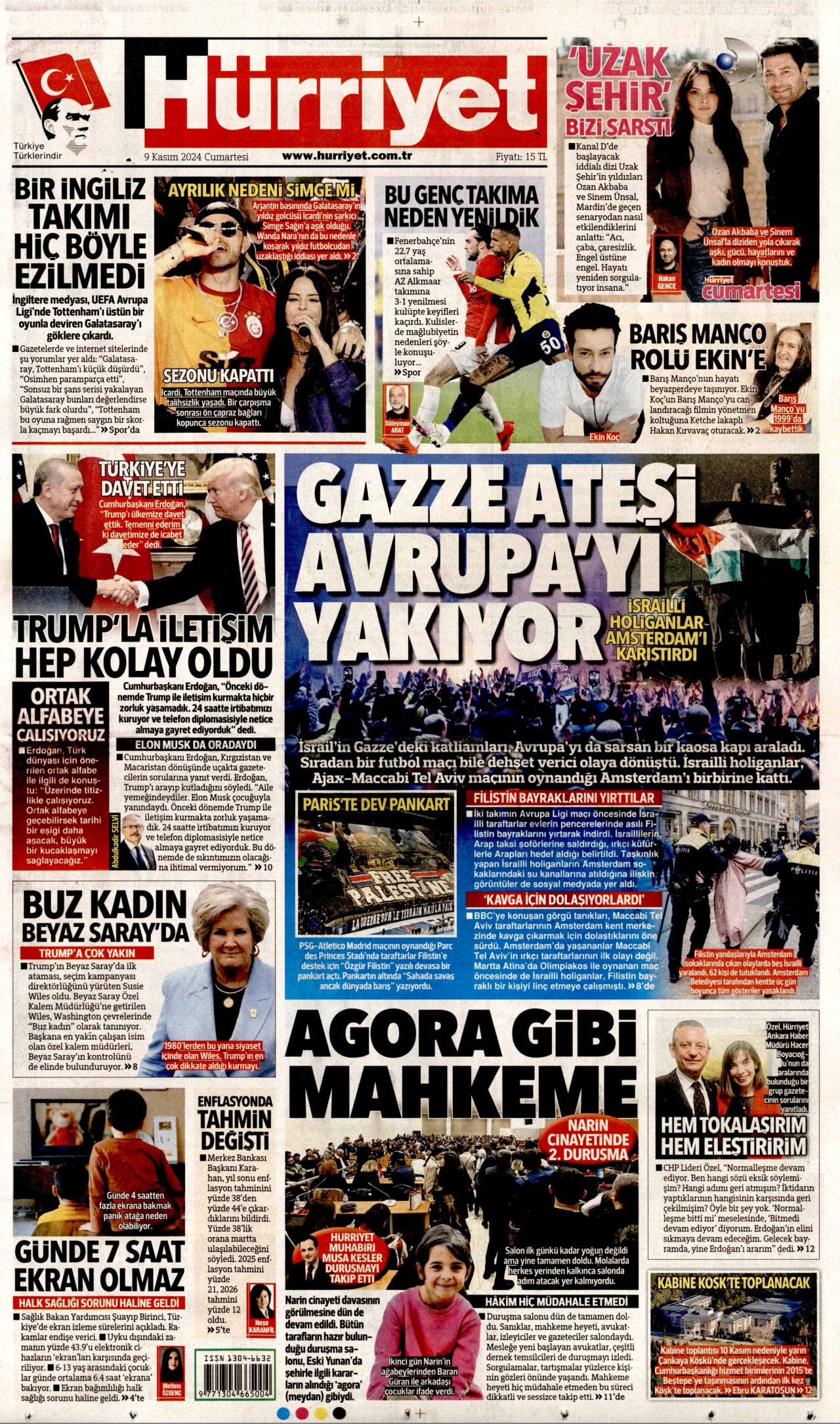 HÜRRİYET gazetesinin 9 Kasım 2024 tarihli birinci sayfası
