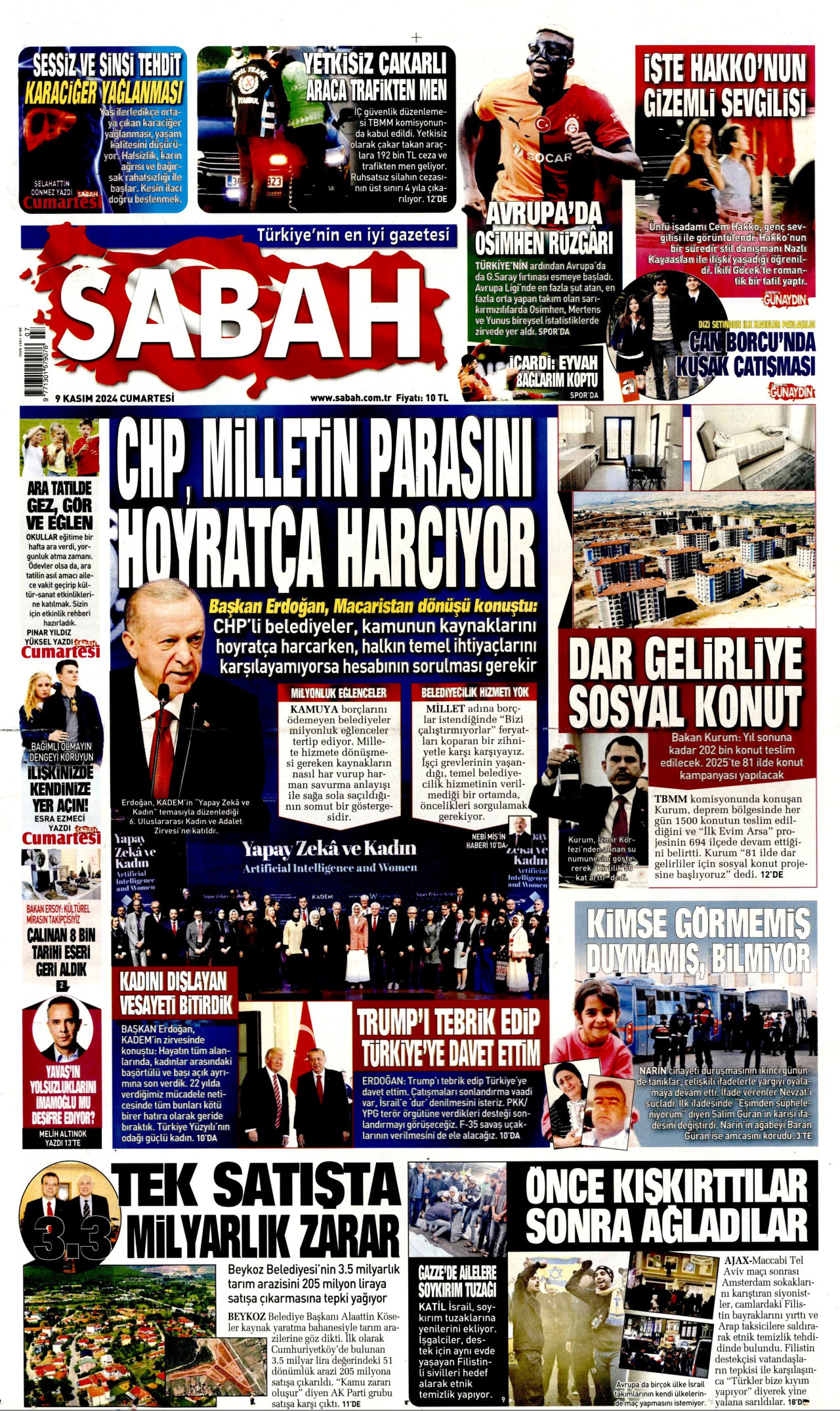 SABAH gazetesinin 9 Kasım 2024 tarihli birinci sayfası