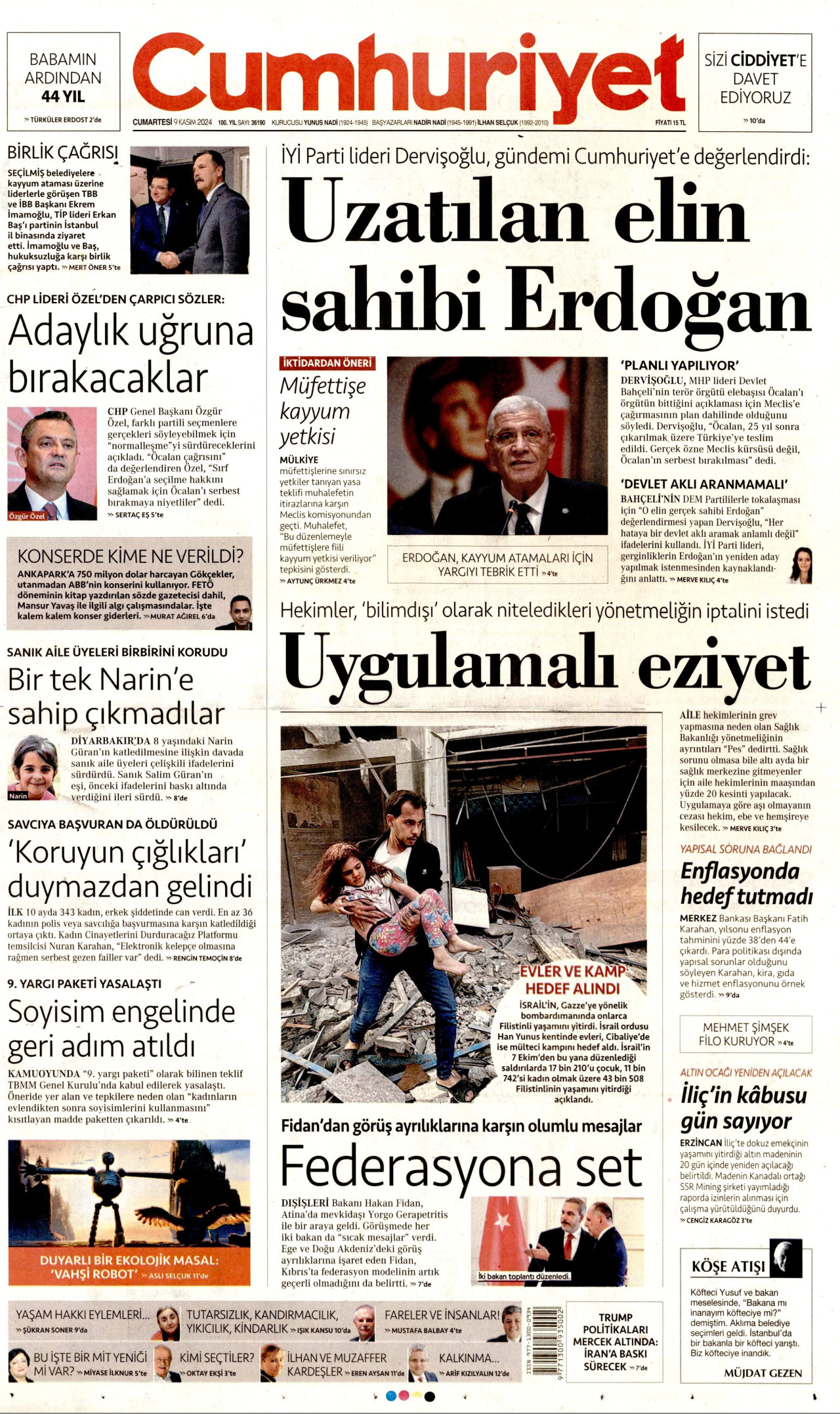 CUMHURİYET gazetesinin 9 Kasım 2024 tarihli birinci sayfası