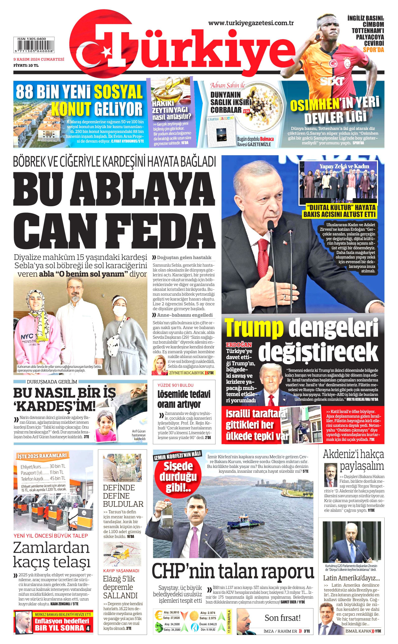 TÜRKİYE GAZETESİ gazetesinin 9 Kasım 2024 tarihli birinci sayfası