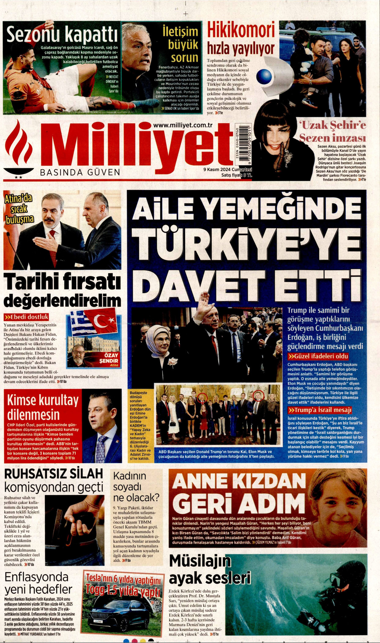 MİLLİYET gazetesinin 9 Kasım 2024 tarihli birinci sayfası