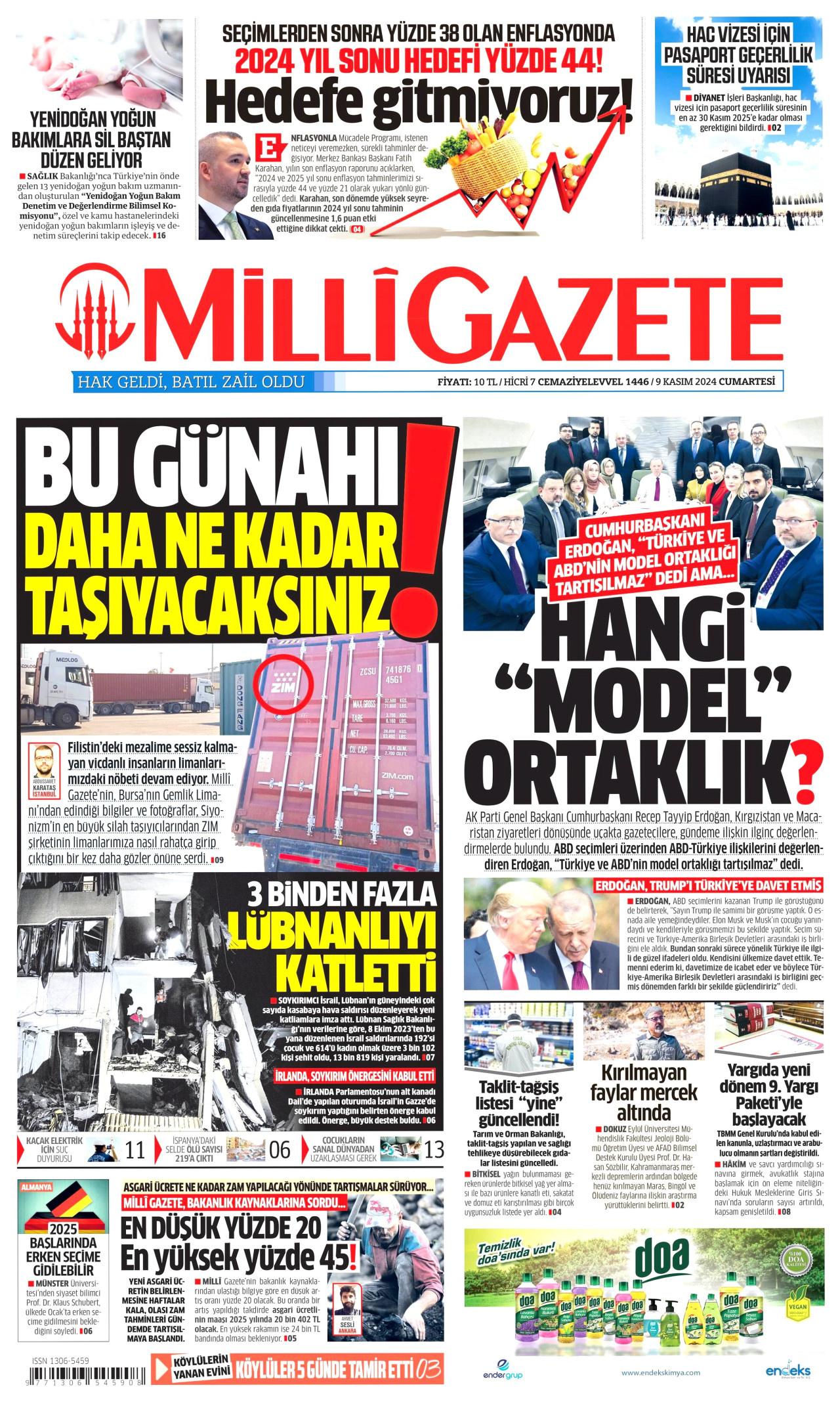 MİLLİ GAZETE gazetesinin 9 Kasım 2024 tarihli birinci sayfası