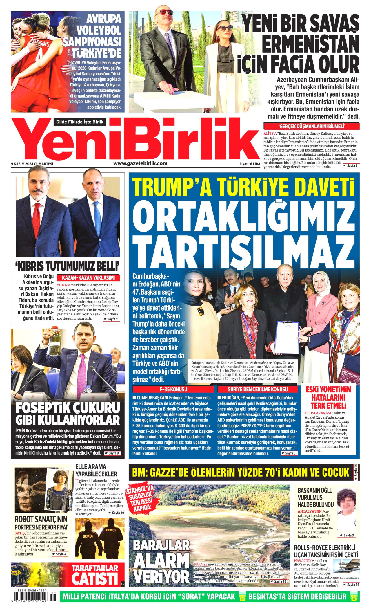 YENİBİRLİK gazetesinin 9 Kasım 2024 tarihli birinci sayfası