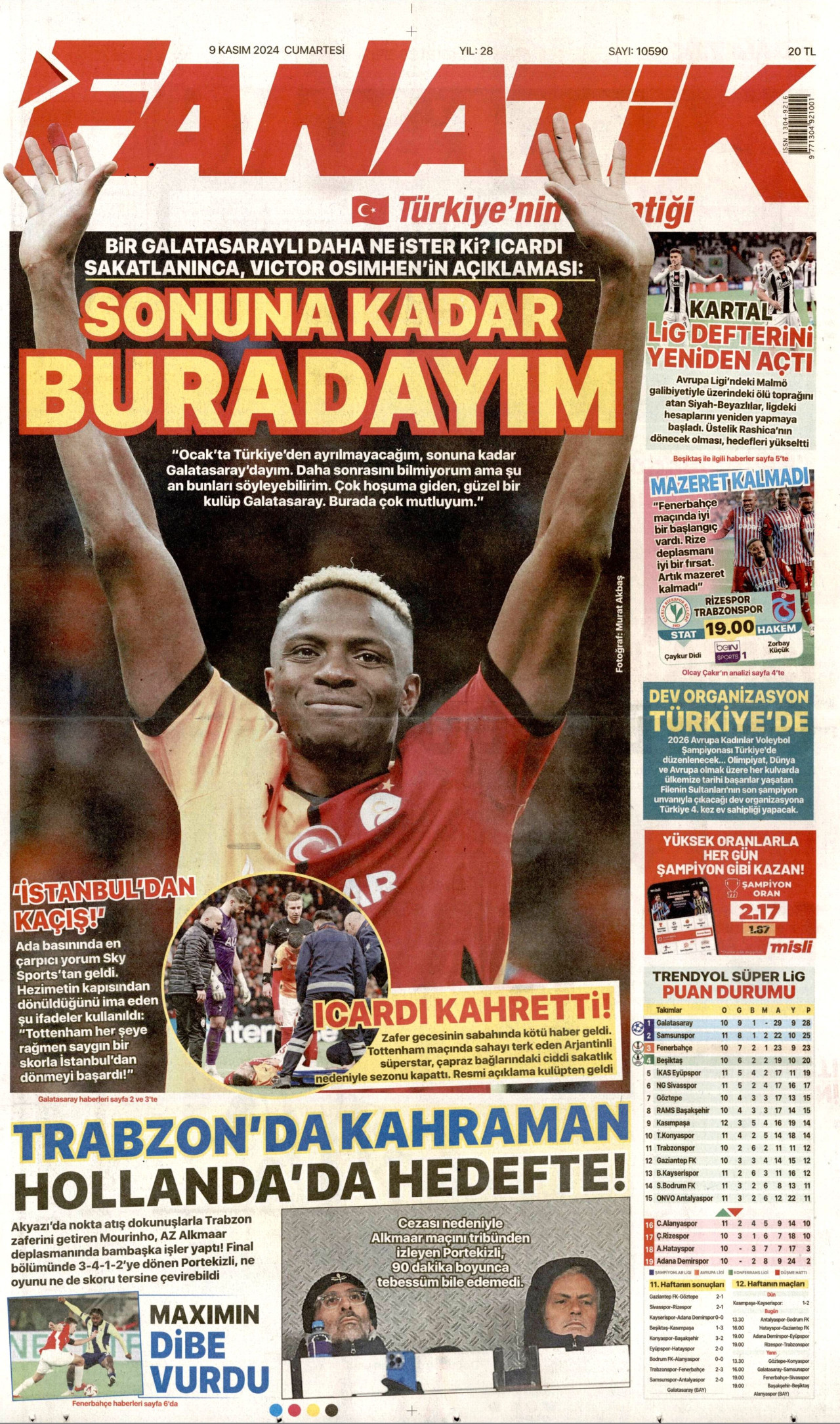 FANATİK gazetesinin 9 Kasım 2024 tarihli birinci sayfası