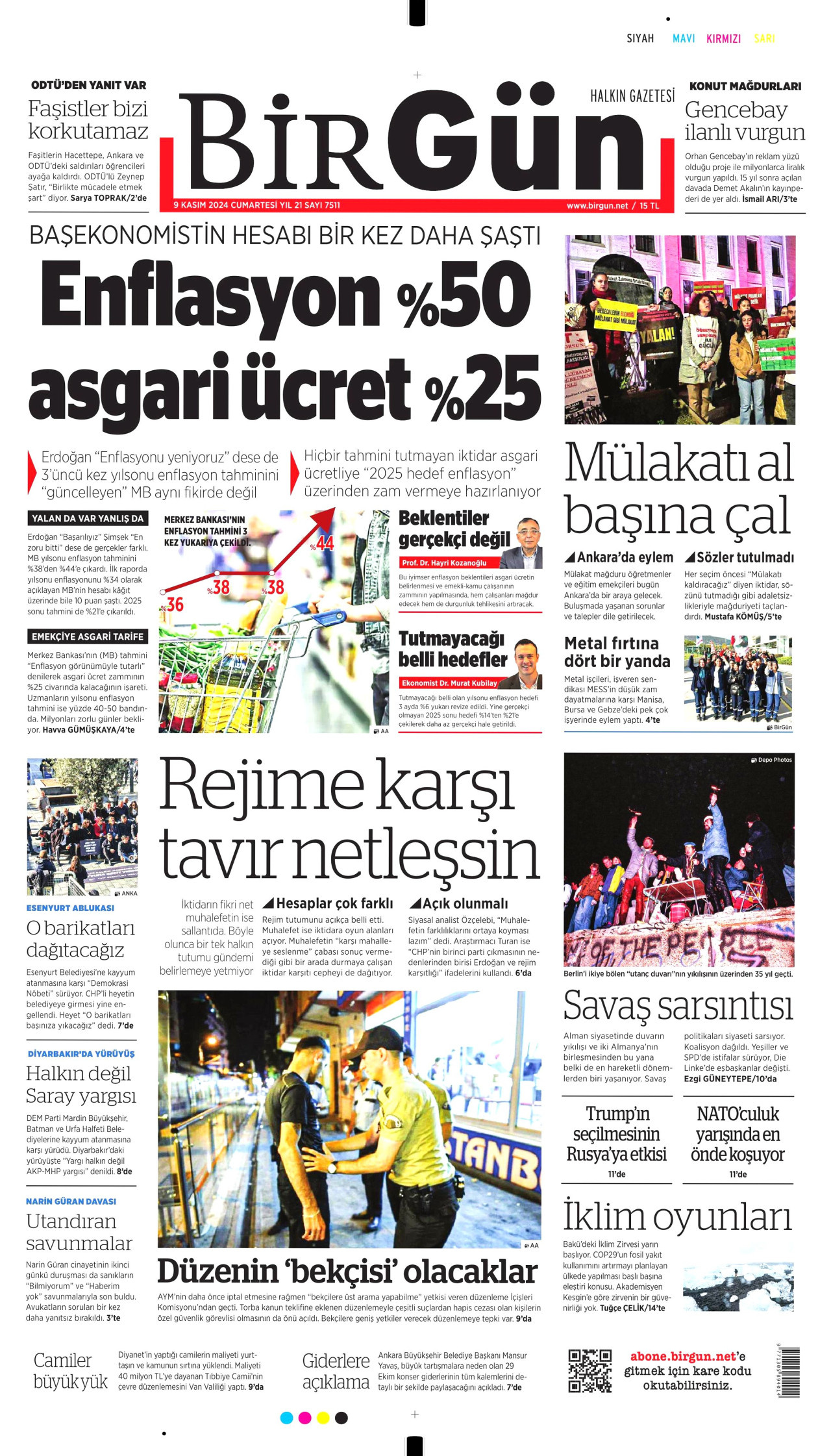 BİRGÜN gazetesinin 9 Kasım 2024 tarihli birinci sayfası