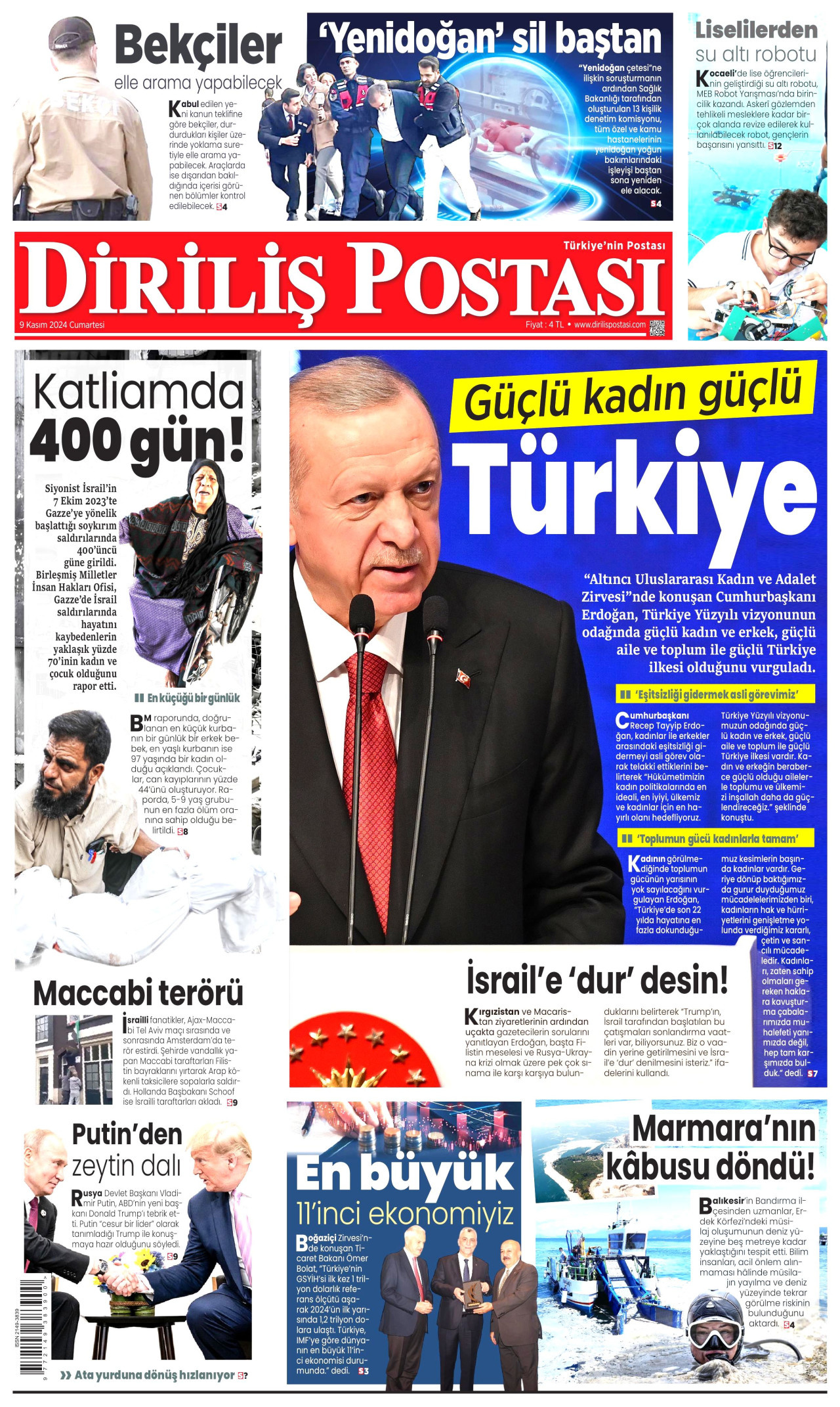 DİRİLİŞ POSTASI gazetesinin 9 Kasım 2024 tarihli birinci sayfası