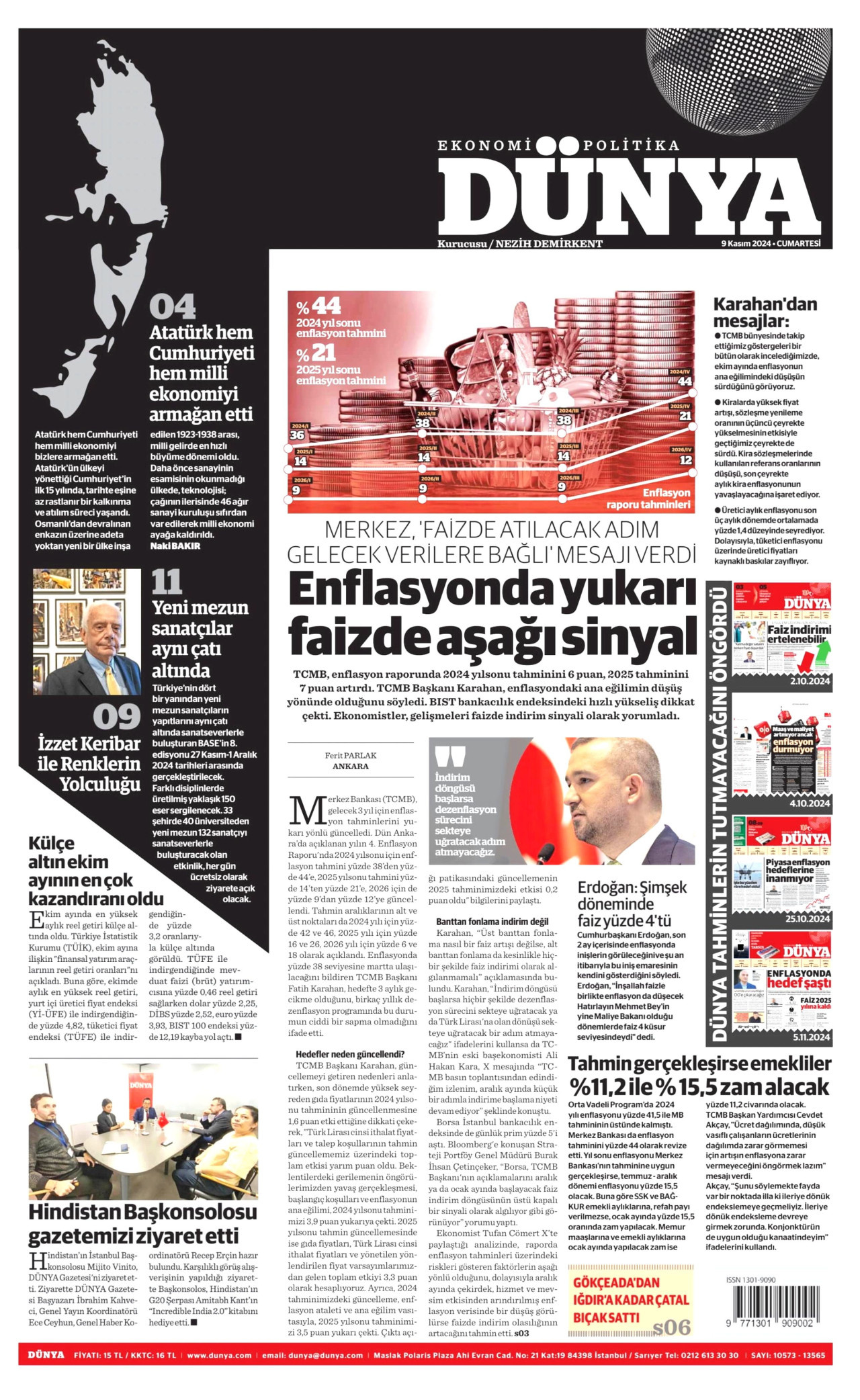 DÜNYA gazetesinin 9 Kasım 2024 tarihli birinci sayfası