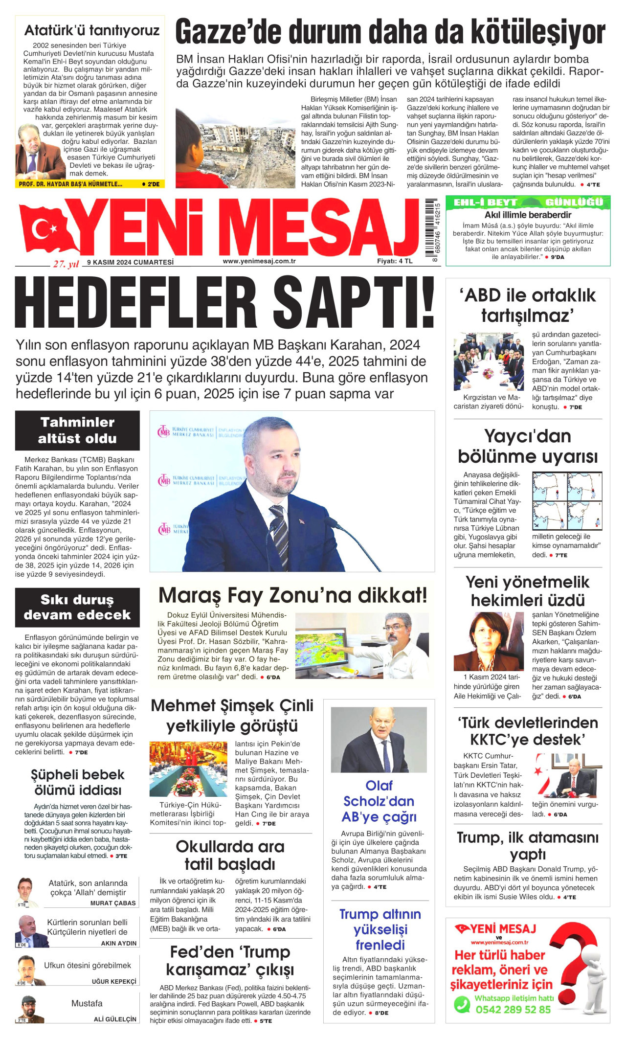 YENİ MESAJ gazetesinin 9 Kasım 2024 tarihli birinci sayfası