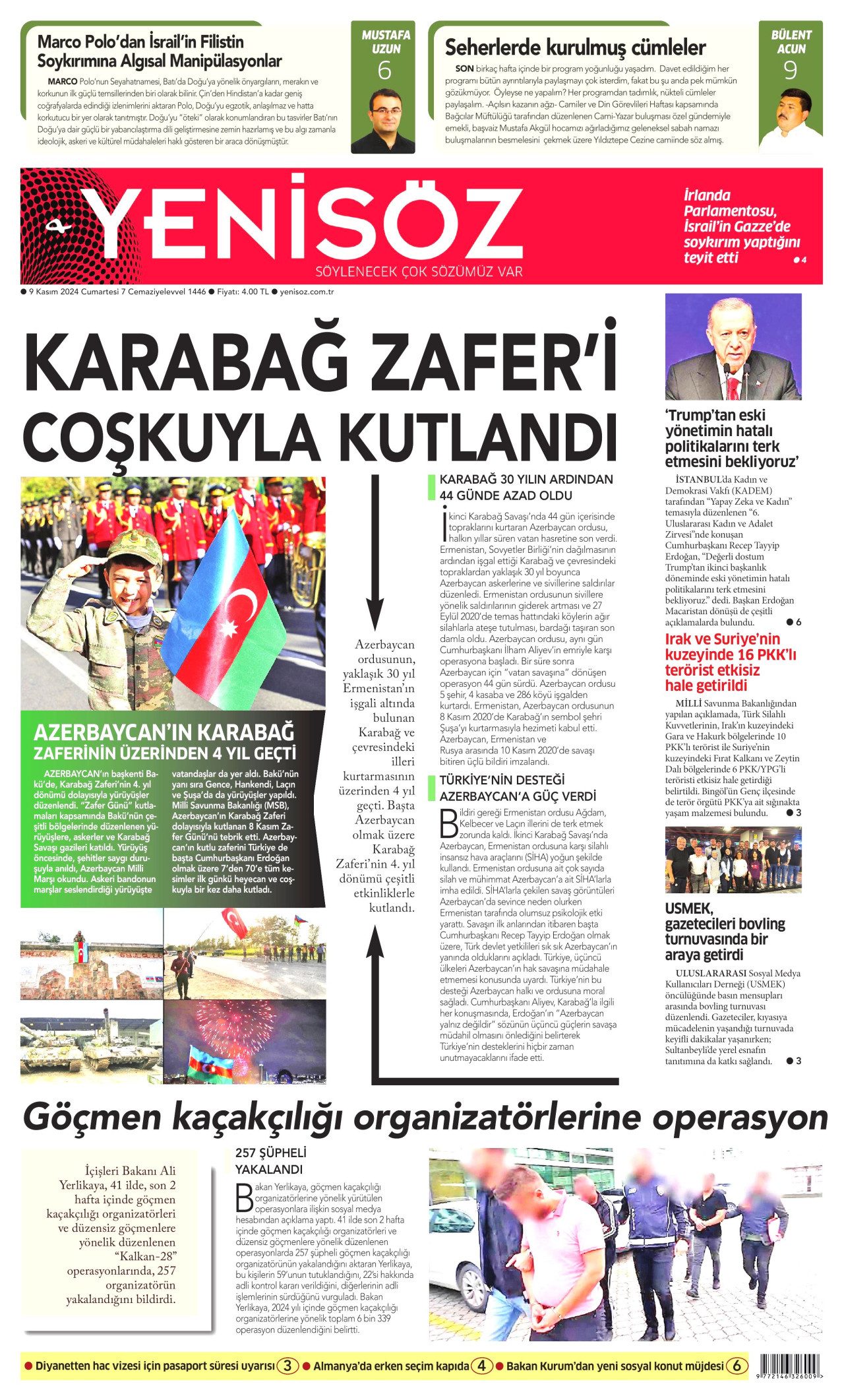 YENİ SÖZ GAZETESİ gazetesinin 9 Kasım 2024 tarihli birinci sayfası