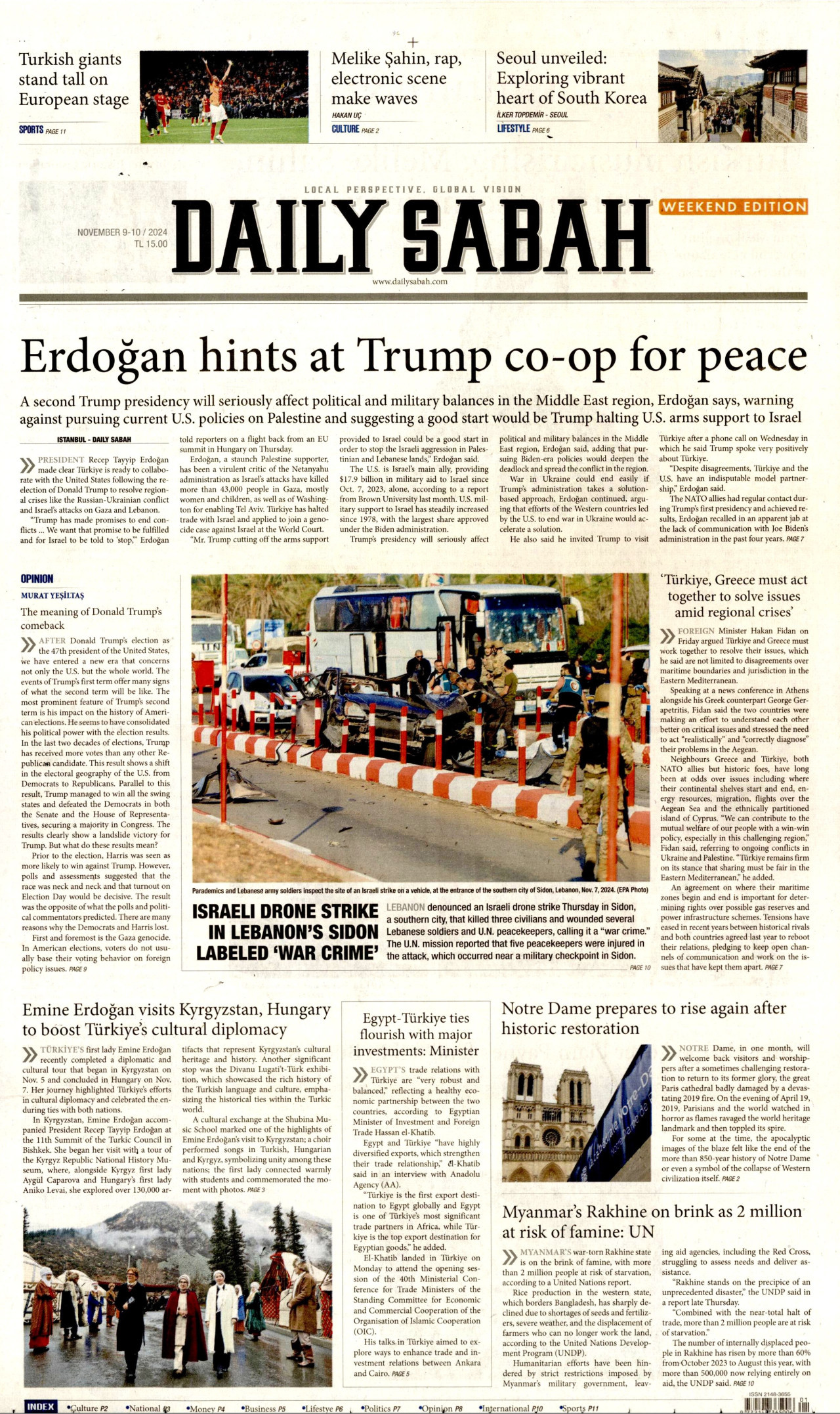 DAİLY SABAH gazetesinin 9 Kasım 2024 tarihli birinci sayfası