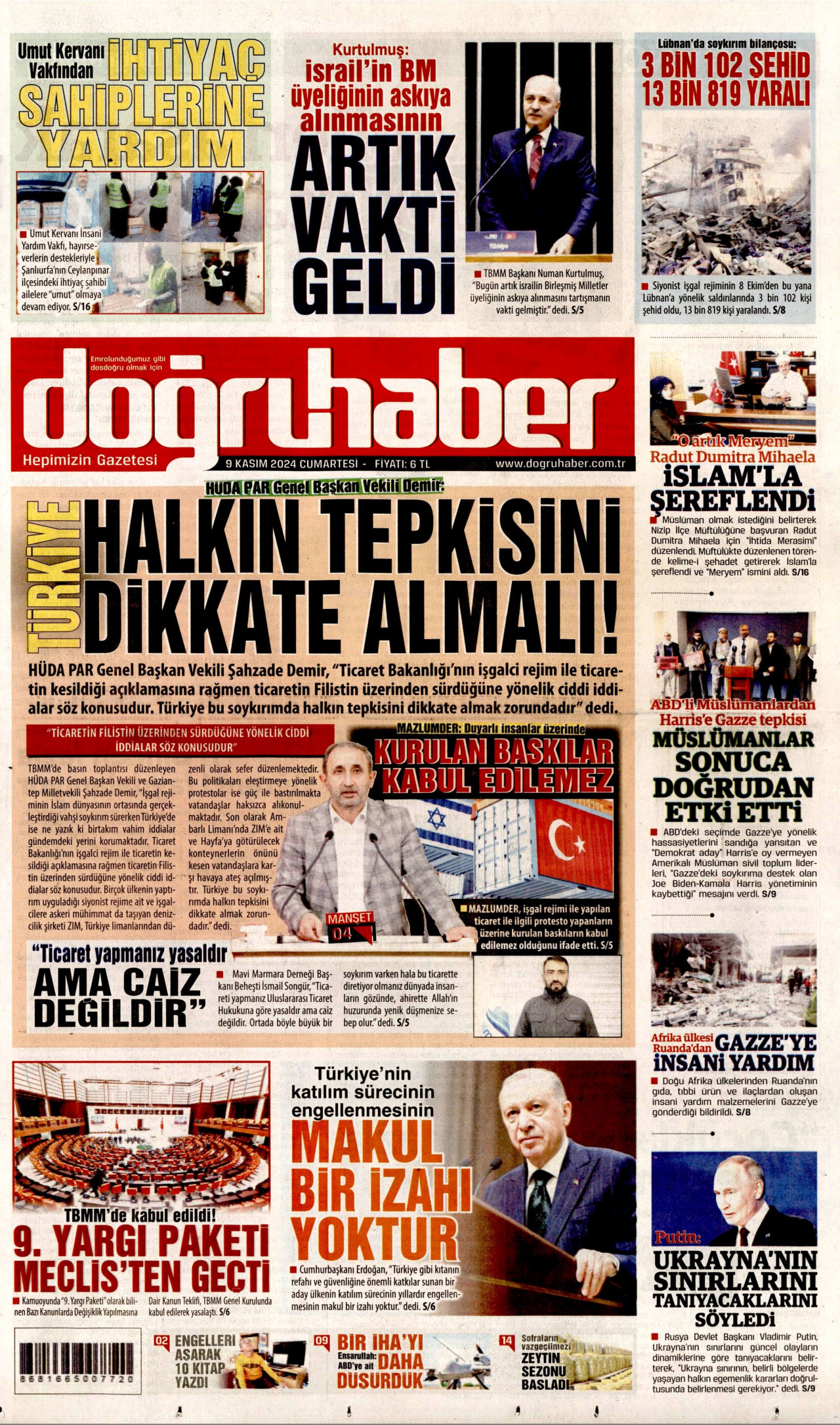 DOĞRU HABER gazetesinin 9 Kasım 2024 tarihli birinci sayfası