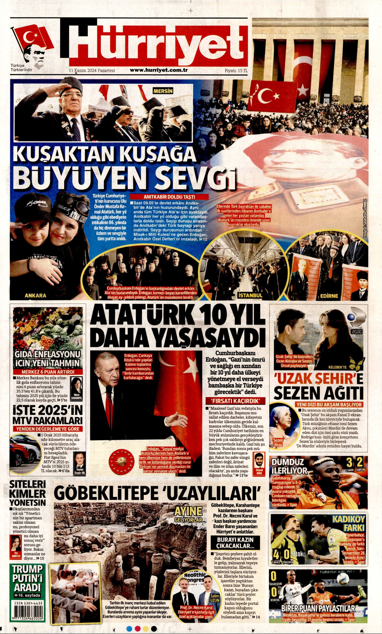 HÜRRİYET gazetesinin 11 Kasım 2024 tarihli birinci sayfası