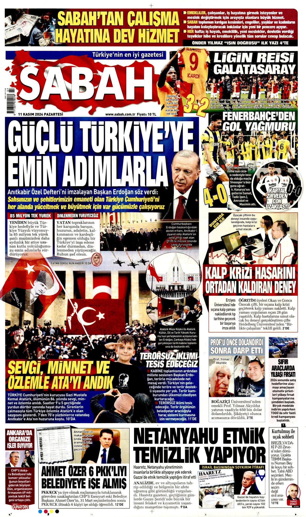 SABAH gazetesinin 11 Kasım 2024 tarihli birinci sayfası