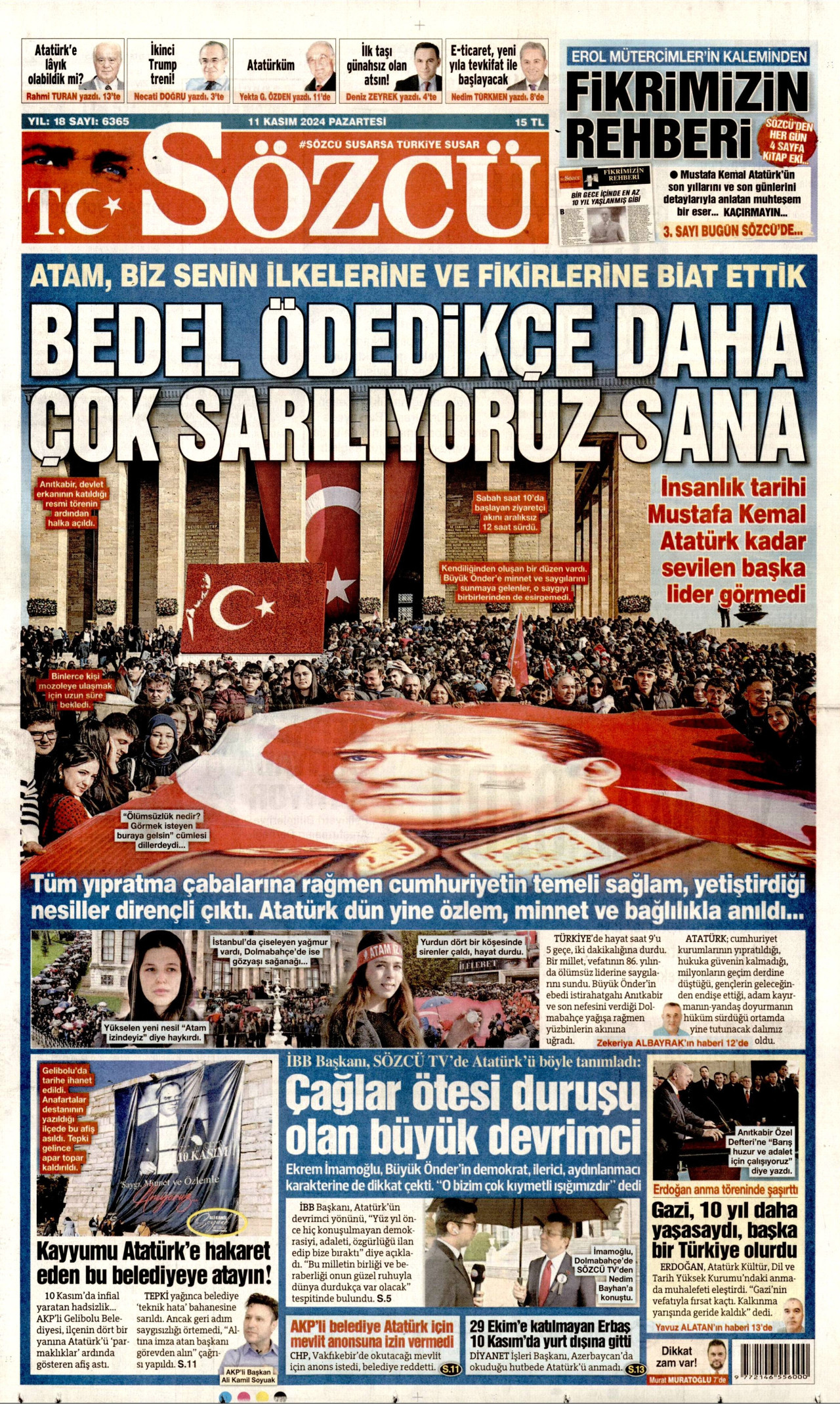 SÖZCÜ gazetesinin 11 Kasım 2024 tarihli birinci sayfası