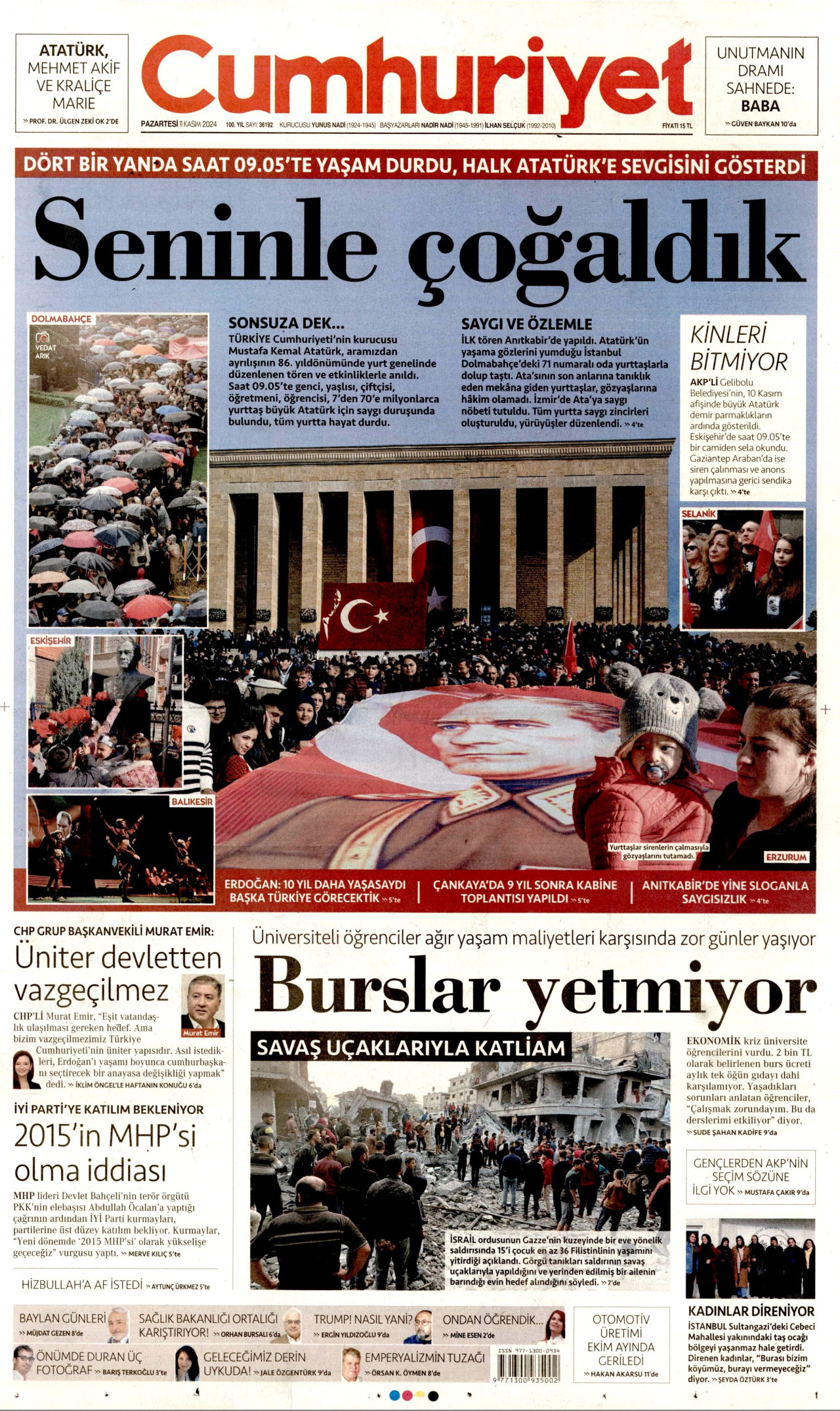 CUMHURİYET gazetesinin 11 Kasım 2024 tarihli birinci sayfası