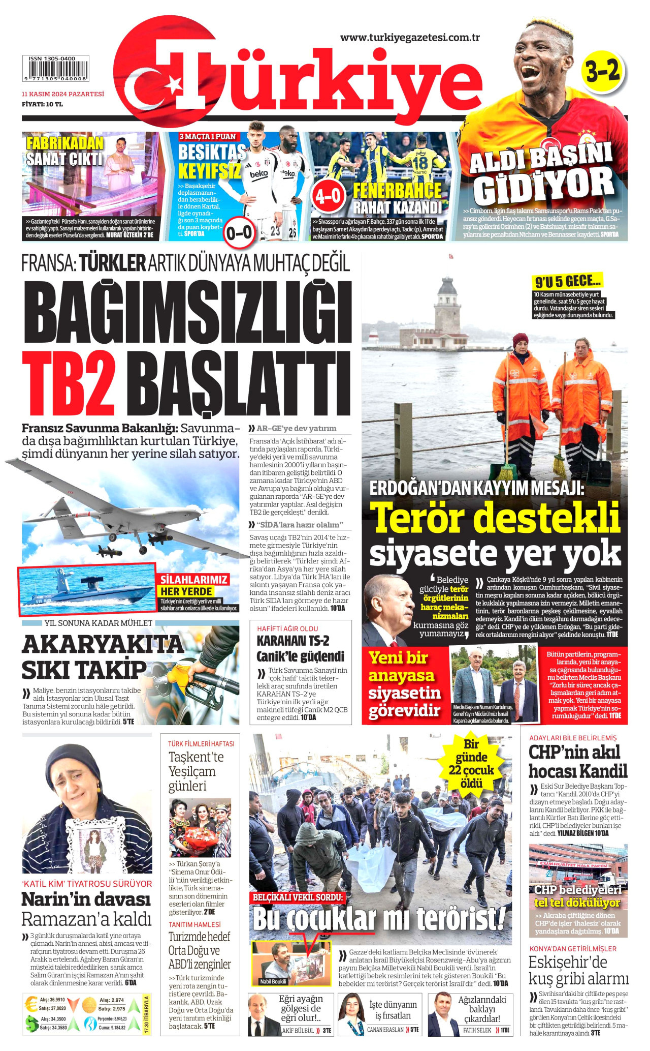 TÜRKİYE GAZETESİ gazetesinin 11 Kasım 2024 tarihli birinci sayfası