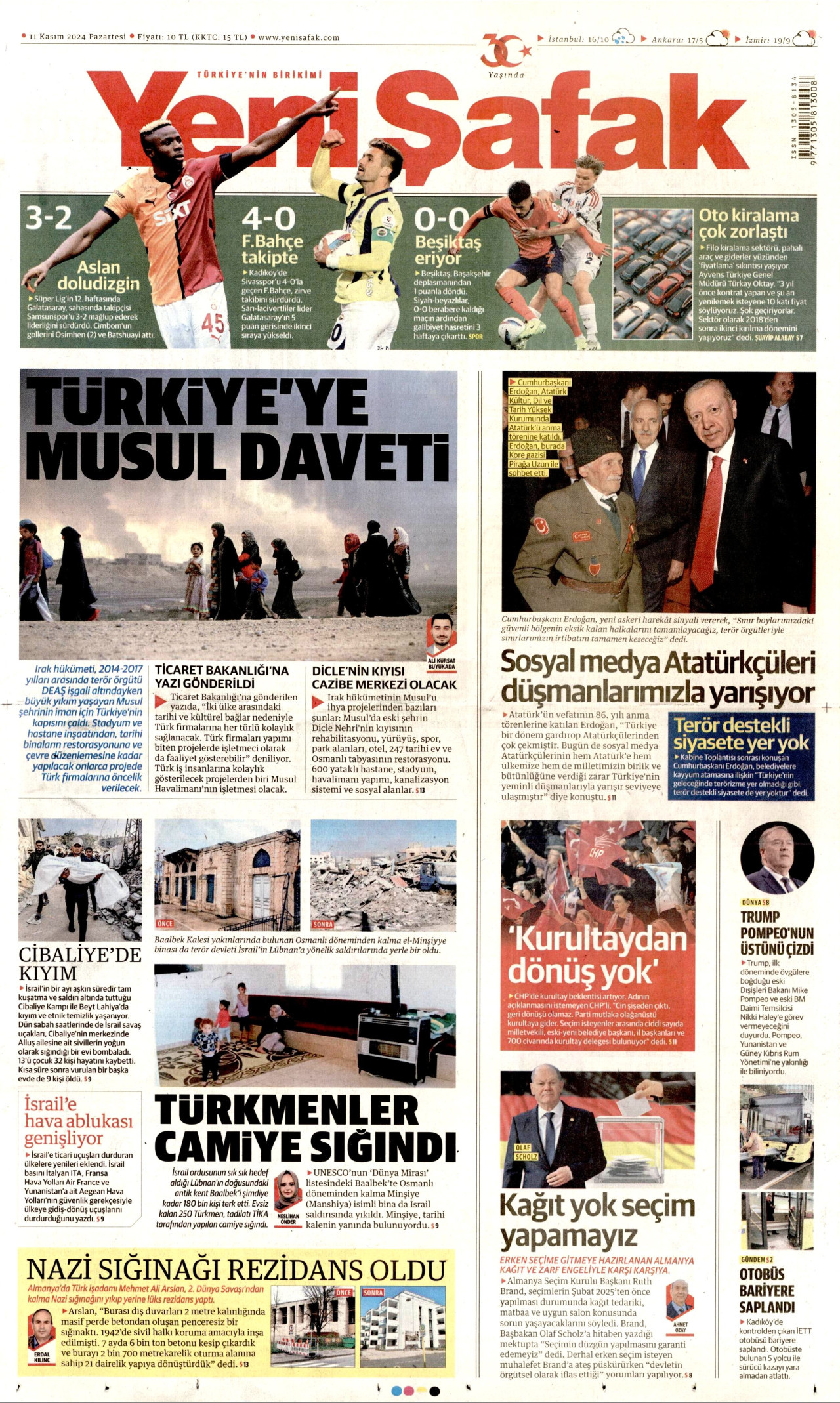 YENİ ŞAFAK gazetesinin 11 Kasım 2024 tarihli birinci sayfası