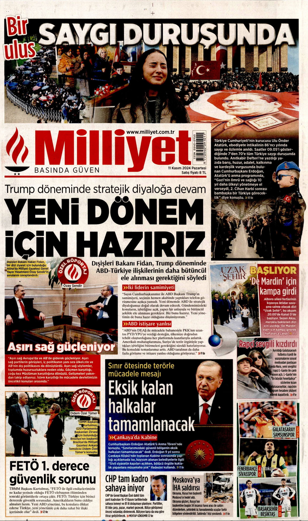 MİLLİYET gazetesinin 11 Kasım 2024 tarihli birinci sayfası