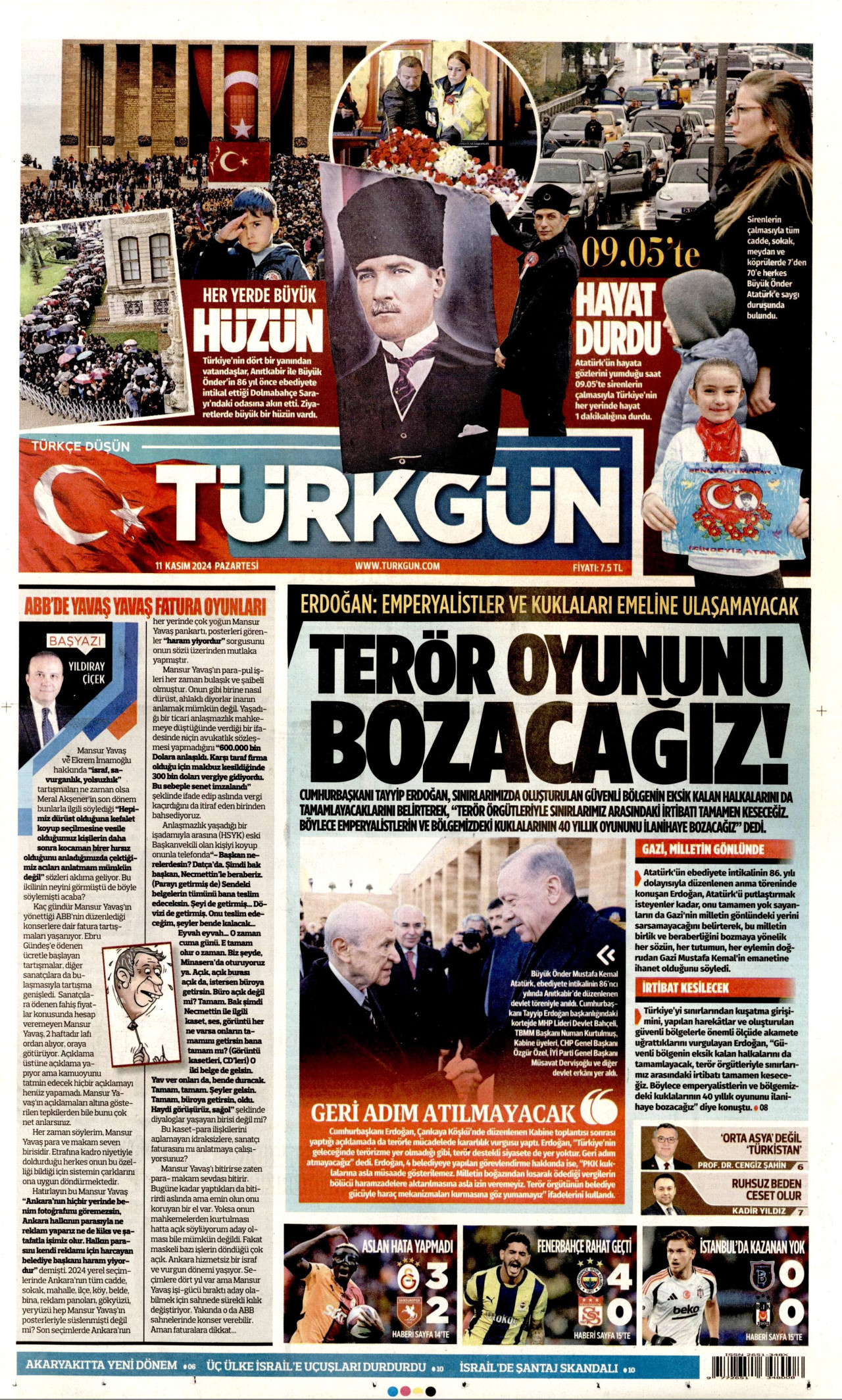 TÜRKGÜN gazetesinin 11 Kasım 2024 tarihli birinci sayfası