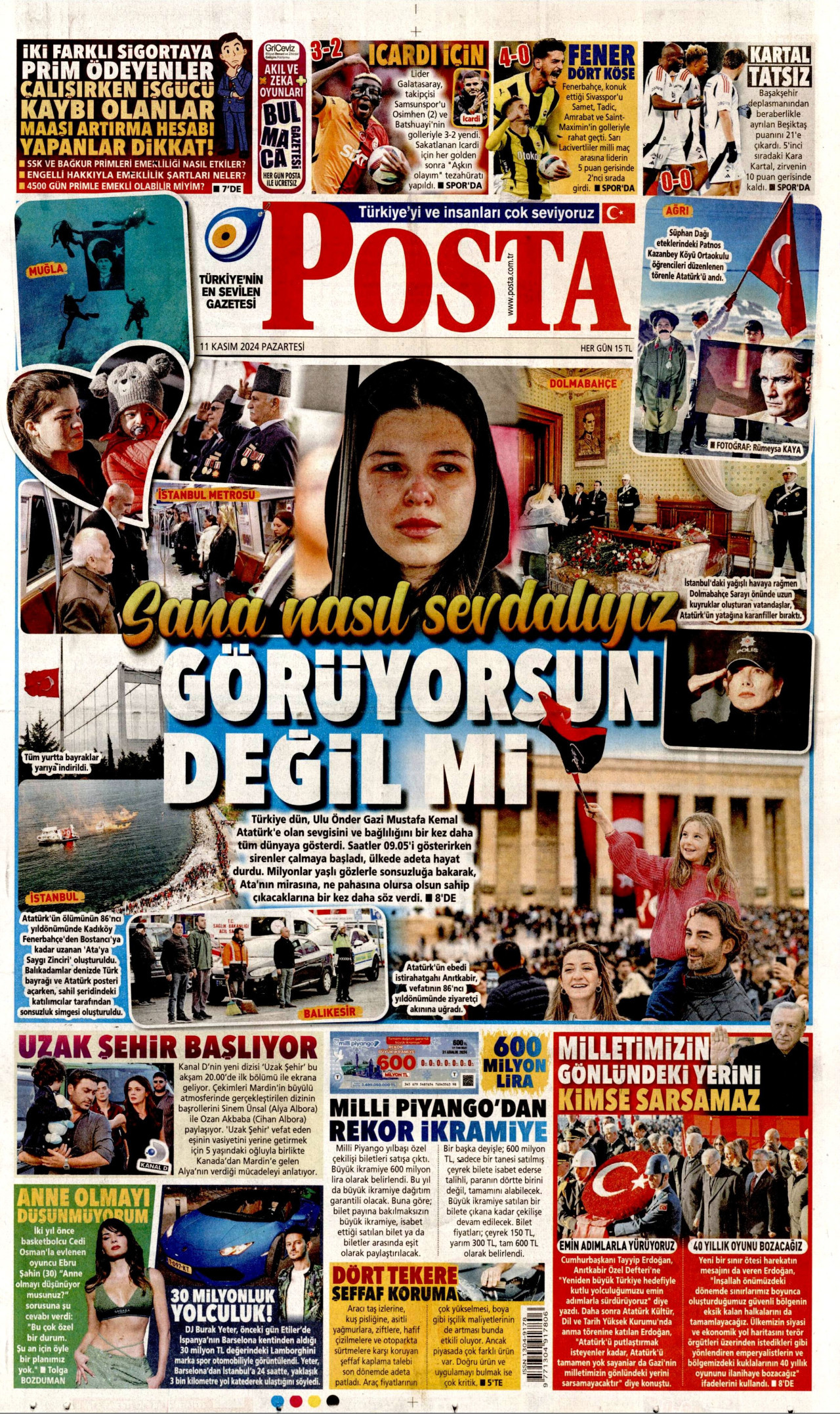 POSTA gazetesinin 11 Kasım 2024 tarihli birinci sayfası