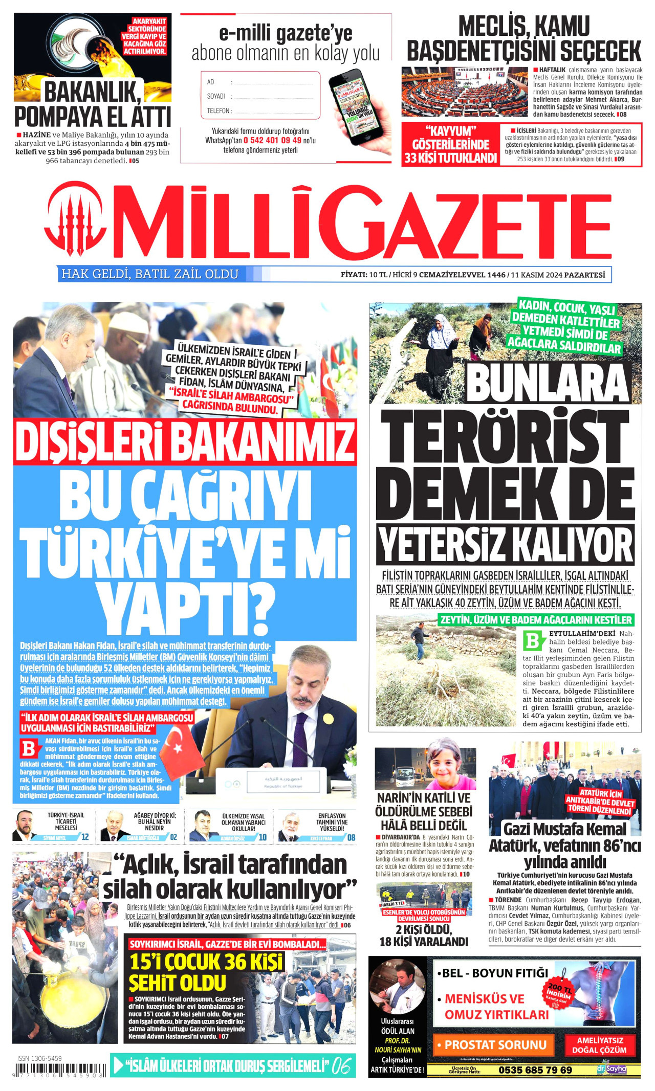 MİLLİ GAZETE gazetesinin 11 Kasım 2024 tarihli birinci sayfası