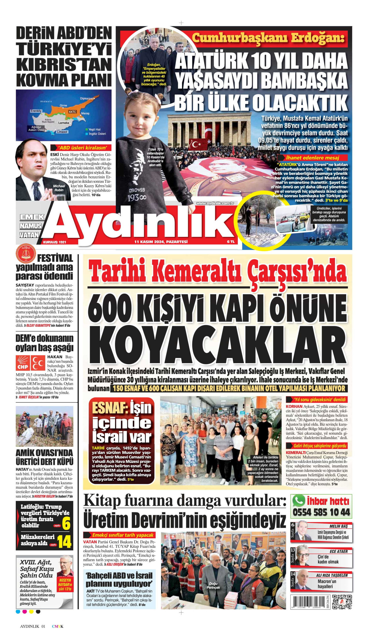AYDINLIK GAZETESİ gazetesinin 11 Kasım 2024 tarihli birinci sayfası