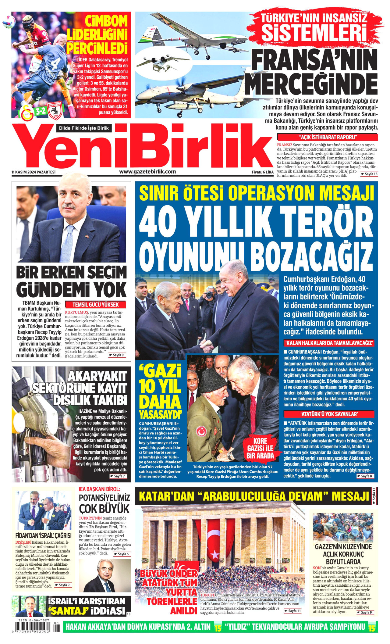 YENİBİRLİK gazetesinin 11 Kasım 2024 tarihli birinci sayfası