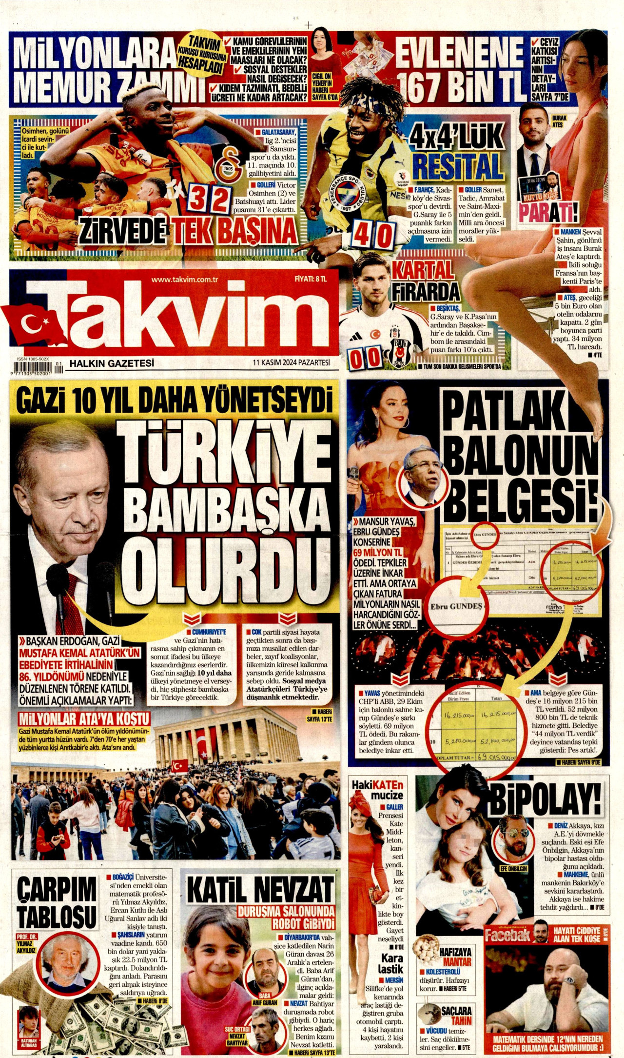 TAKVİM gazetesinin 11 Kasım 2024 tarihli birinci sayfası